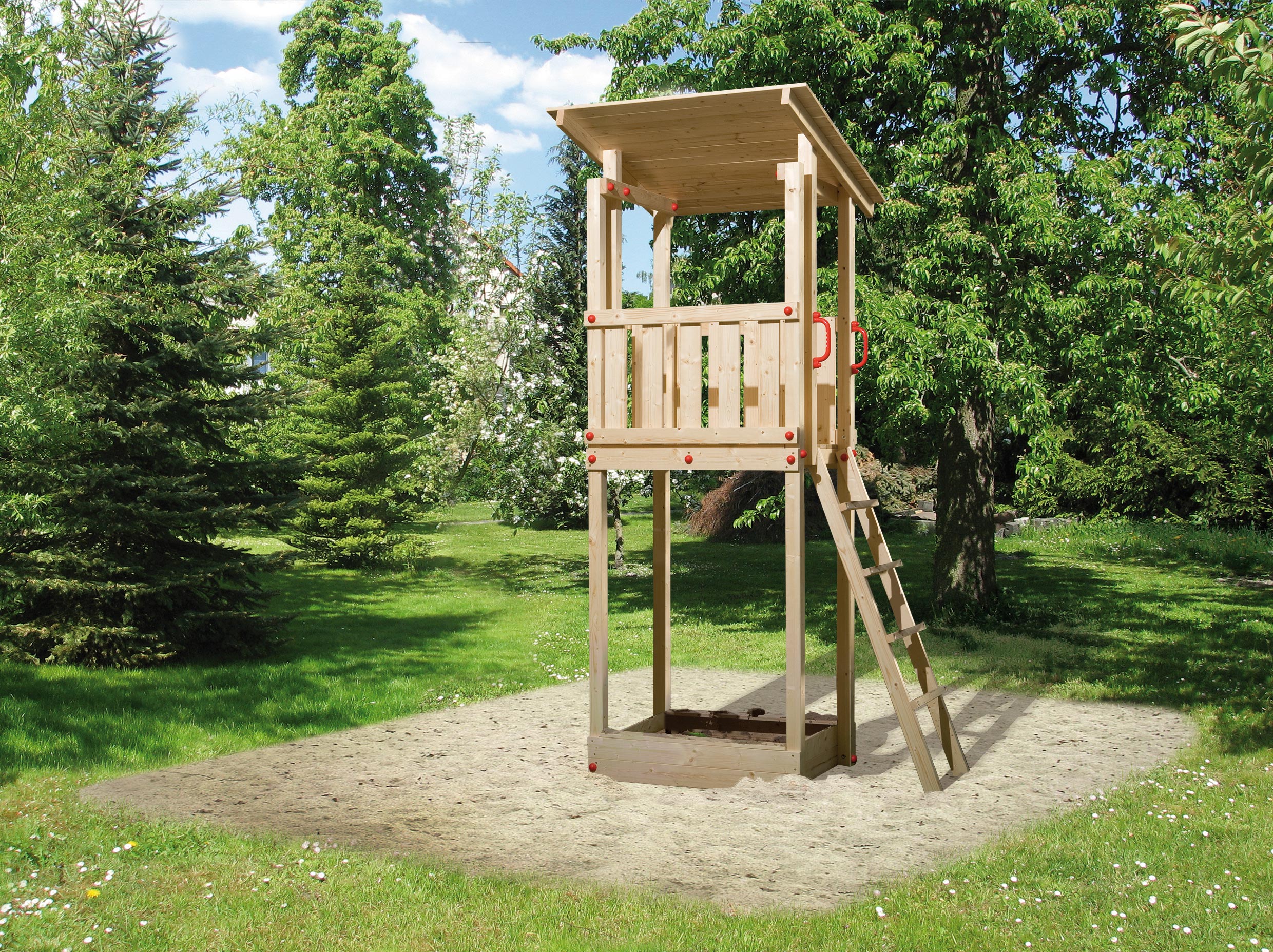 Tabaluga Drachenturm mit Pultdach, natur, Sparset inkl. Wellenwasserutsche ca. 290 cm, Farbe: grün und Sandkasten, TüV