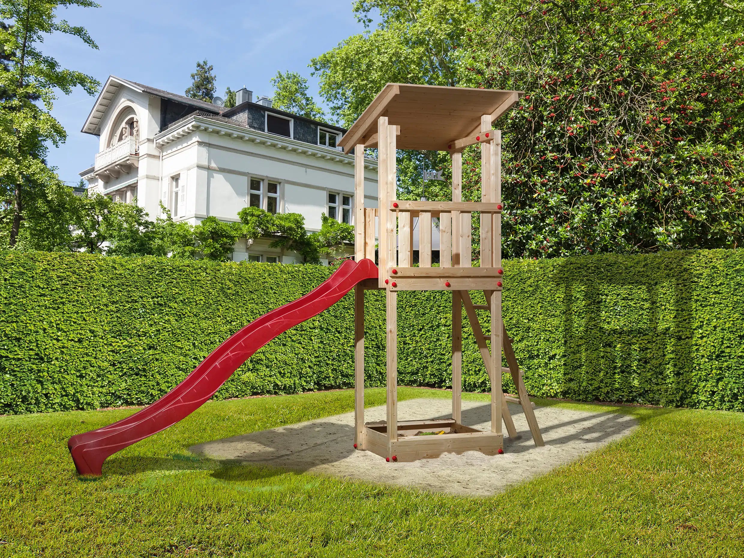 Tabaluga Drachenturm mit Pultdach, natur, Sparset inkl. Wellenwasserutsche ca. 290 cm, Farbe: grün und Sandkasten, TüV