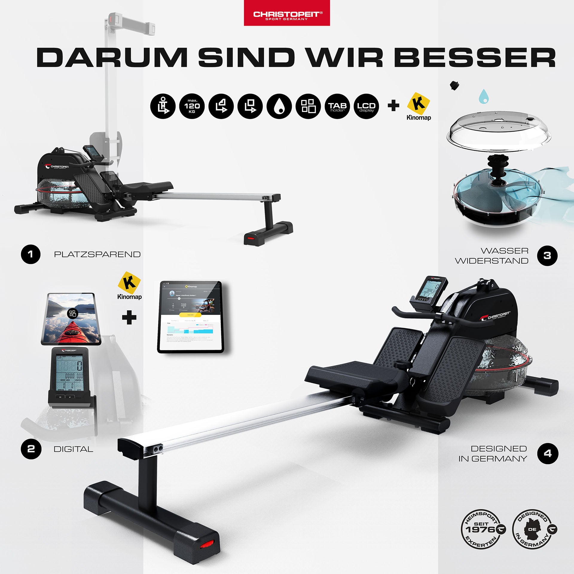 fitness christopeit sport crosstrainer - ausdauertraining und effektives cardio ganzkörpertraining - Mit der stabil gestalteten Ruderzugmaschine wird dank Wasserwiderstand ein authentisches und gelenkschonendes Rudertraining simuliert
