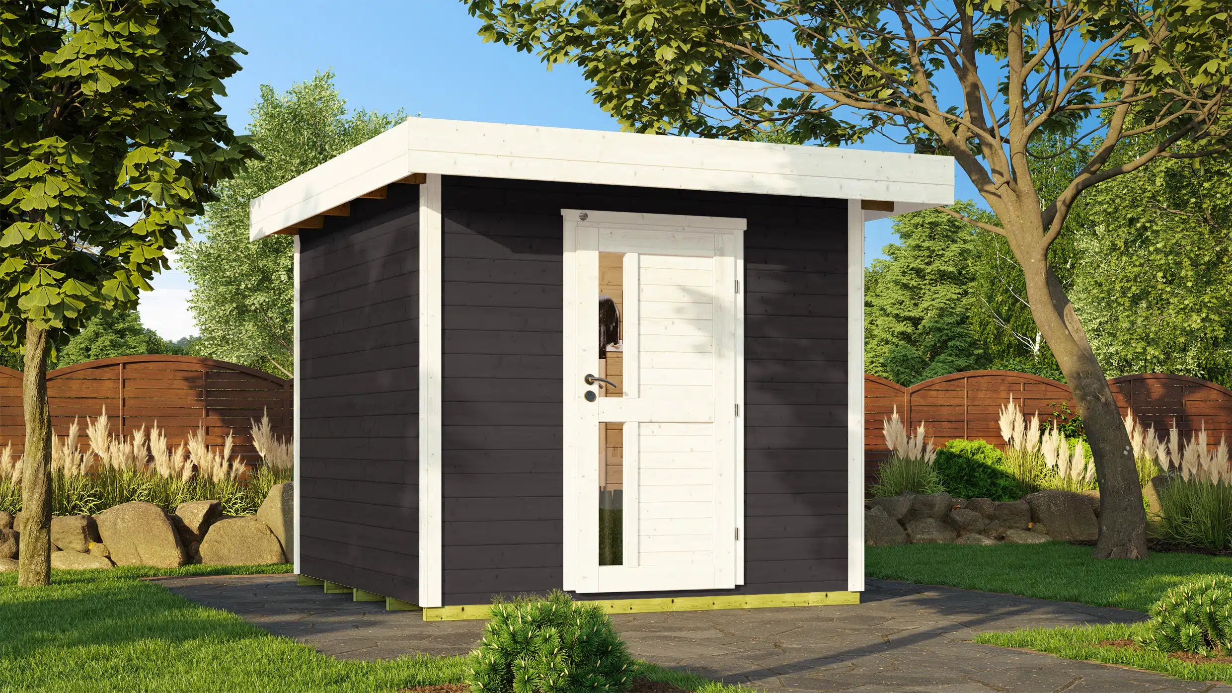 Weka Flachdach Designhaus aus Fichtenholz in weiß/anthrazit - Gartenhaus zum verstauen oder als Wohnraumerweiterung nutzen