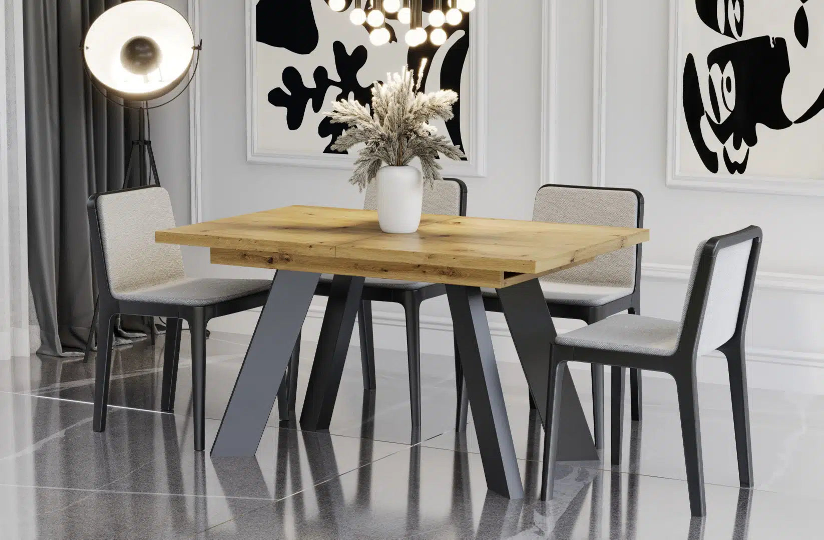 Der extravagante Holz Esstisch von Endo Möbel ist ausziehbar. Perfekt für gemütliche Abendessen mit Familie und Freunden