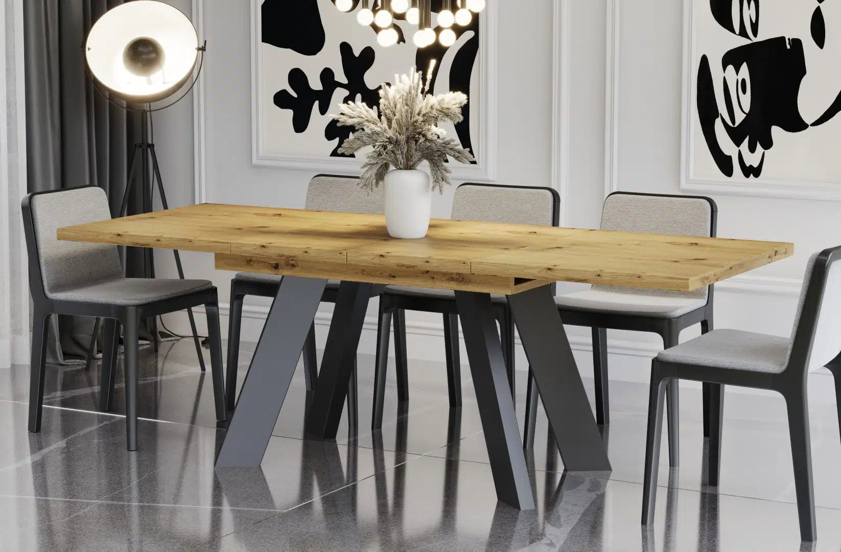 Der extravagante Holz Esstisch von Endo Möbel ist ausziehbar. Perfekt für gemütliche Abendessen mit Familie und Freunden