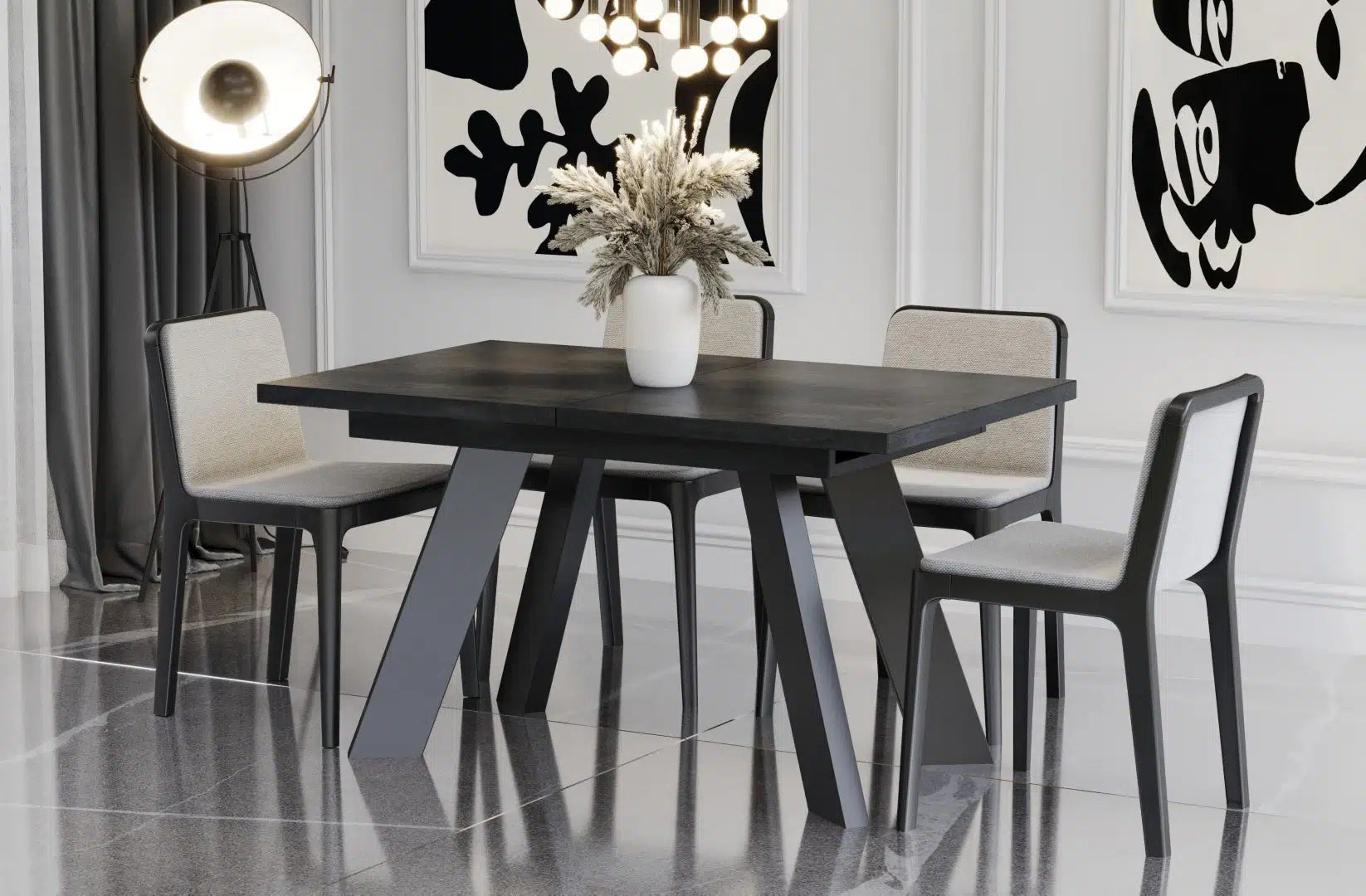Der extravagante Holz Esstisch von Endo Möbel ist ausziehbar. Perfekt für gemütliche Abendessen mit Familie und Freunden