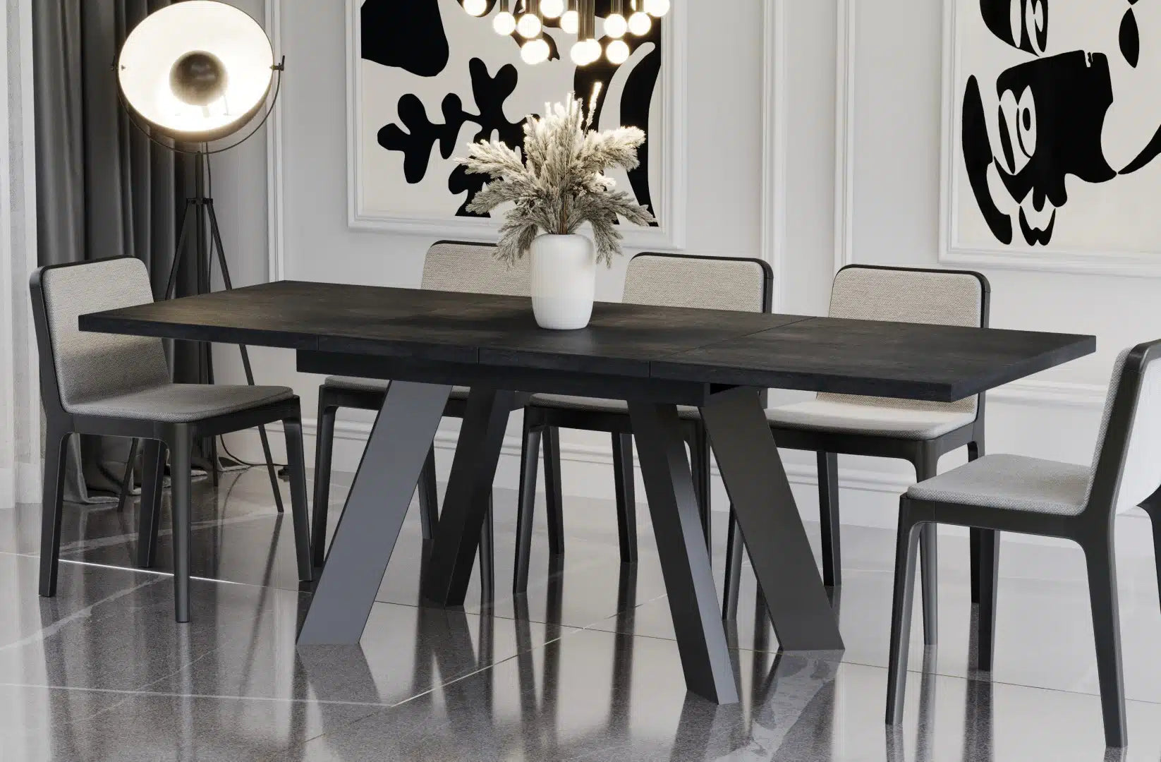 Der extravagante Holz Esstisch von Endo Möbel ist ausziehbar. Perfekt für gemütliche Abendessen mit Familie und Freunden