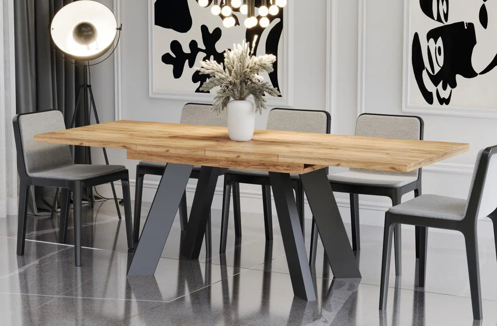 Der extravagante Holz Esstisch von Endo Möbel ist ausziehbar. Perfekt für gemütliche Abendessen mit Familie und Freunden