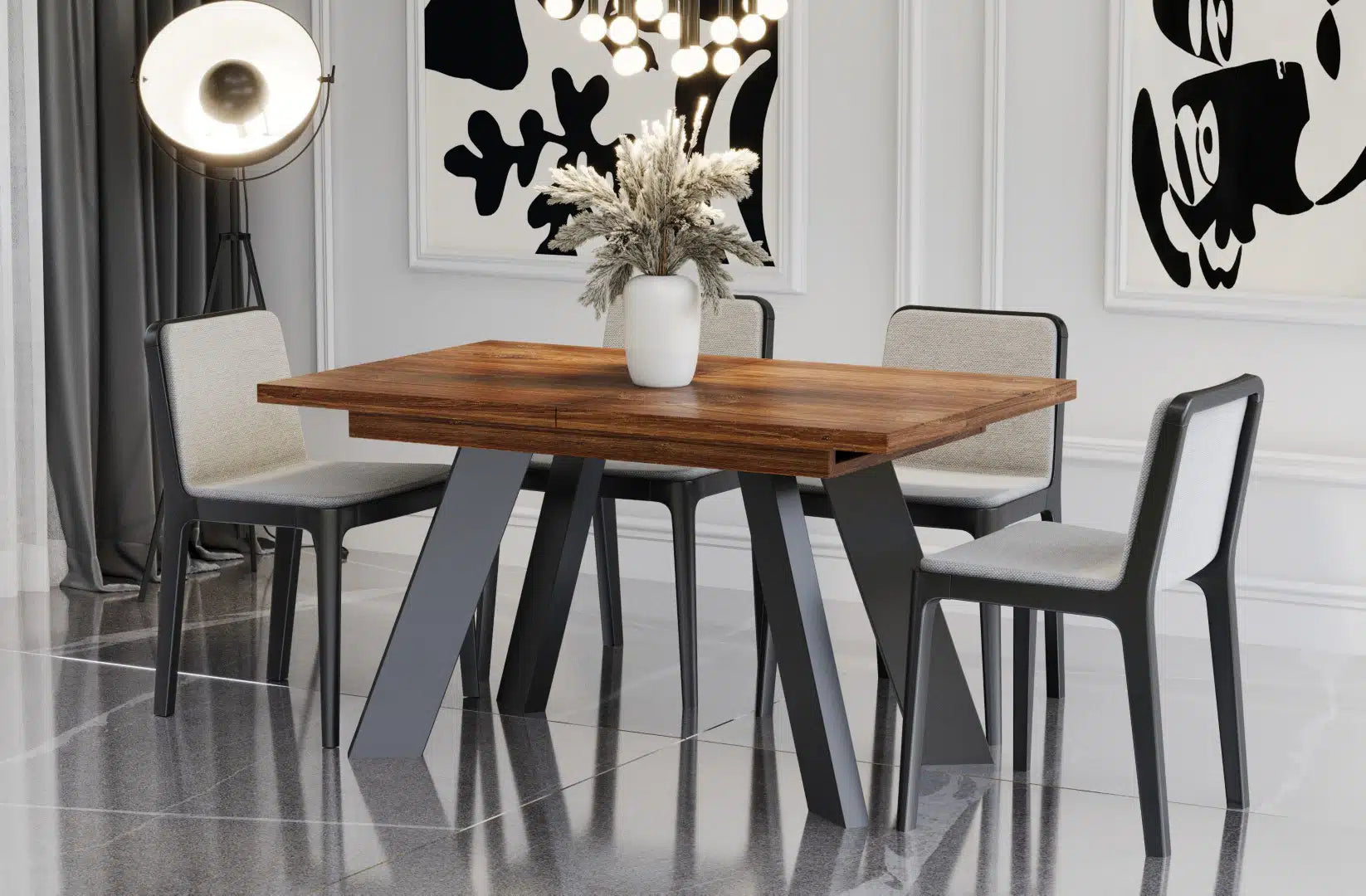 Der extravagante Holz Esstisch von Endo Möbel ist ausziehbar. Perfekt für gemütliche Abendessen mit Familie und Freunden