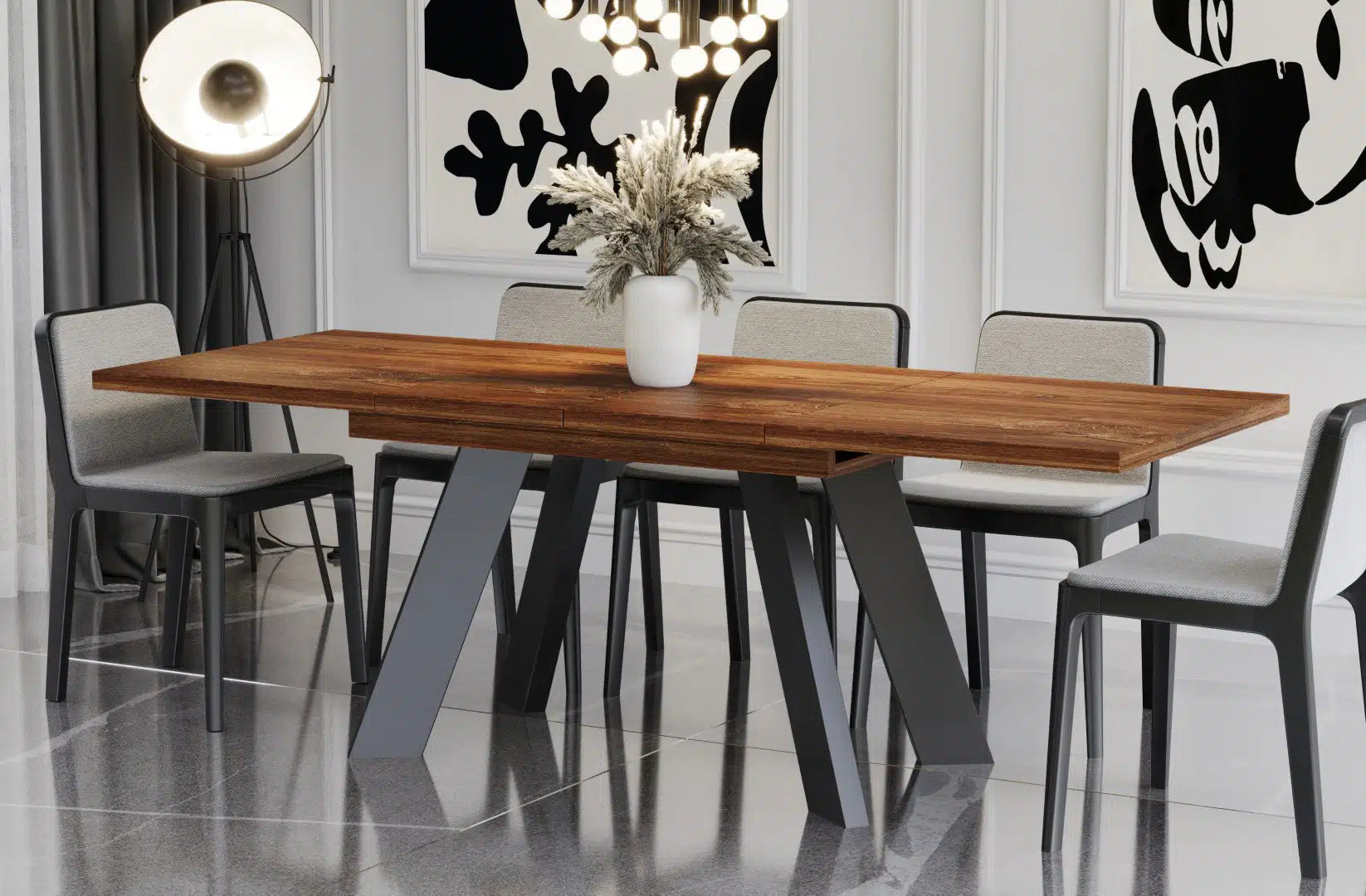 Der extravagante Holz Esstisch von Endo Möbel ist ausziehbar. Perfekt für gemütliche Abendessen mit Familie und Freunden