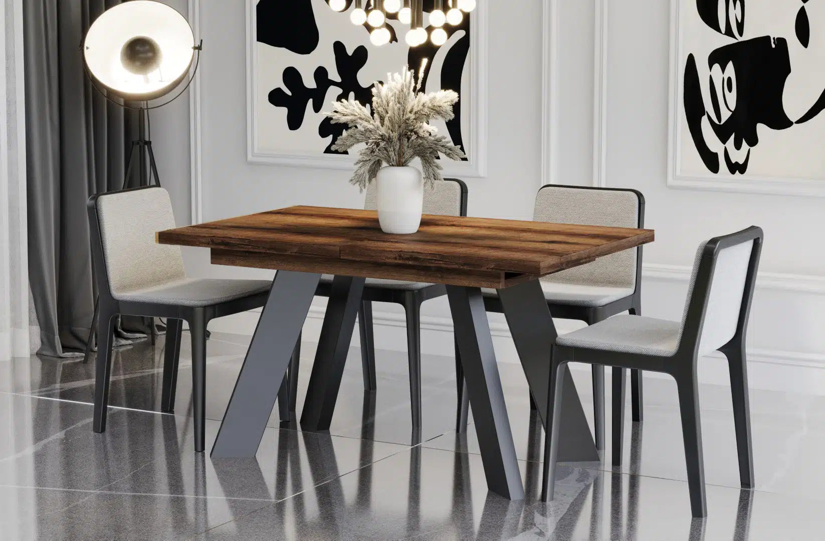 Der extravagante Holz Esstisch von Endo Möbel ist ausziehbar. Perfekt für gemütliche Abendessen mit Familie und Freunden