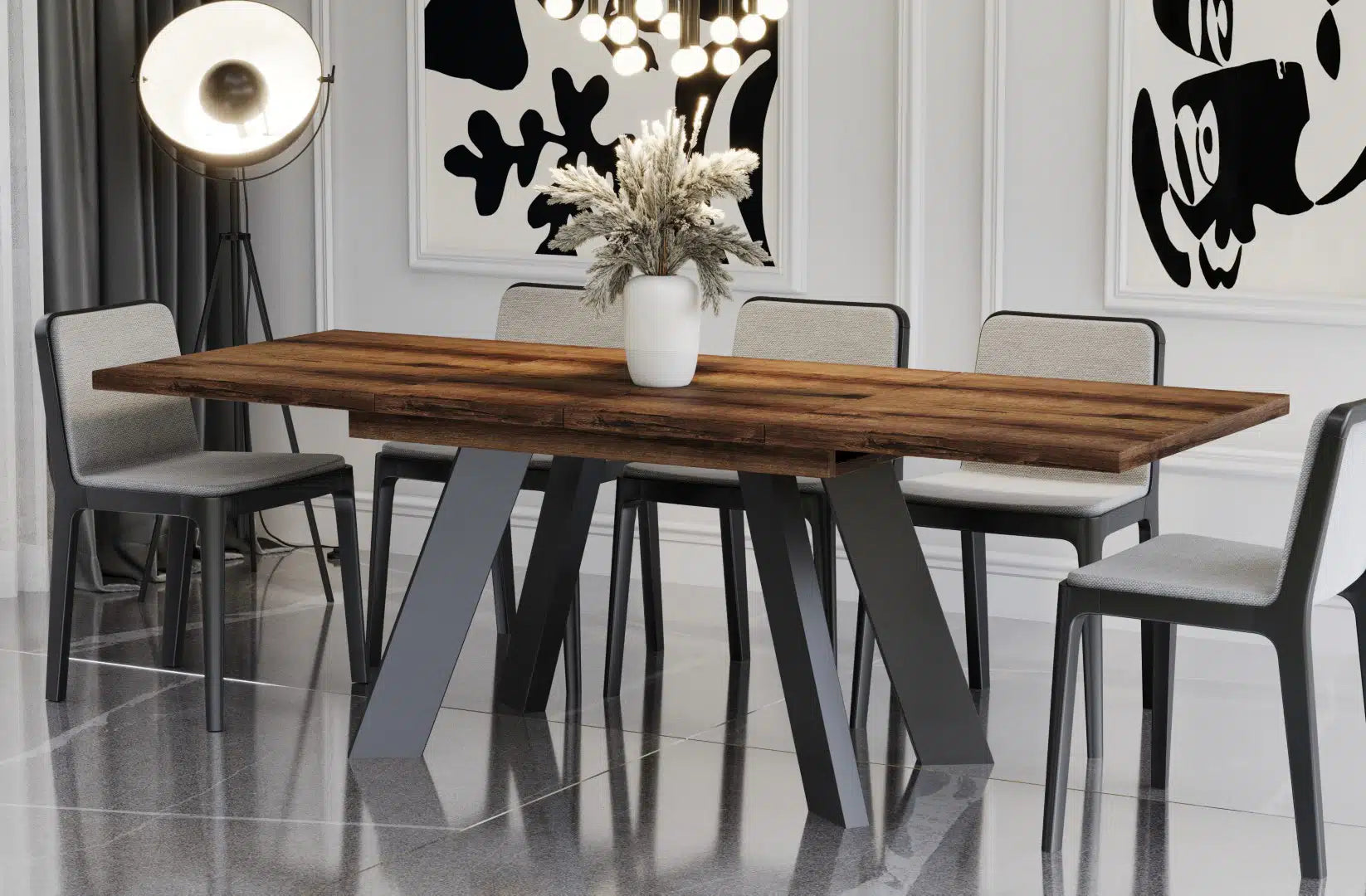 Der extravagante Holz Esstisch von Endo Möbel ist ausziehbar. Perfekt für gemütliche Abendessen mit Familie und Freunden