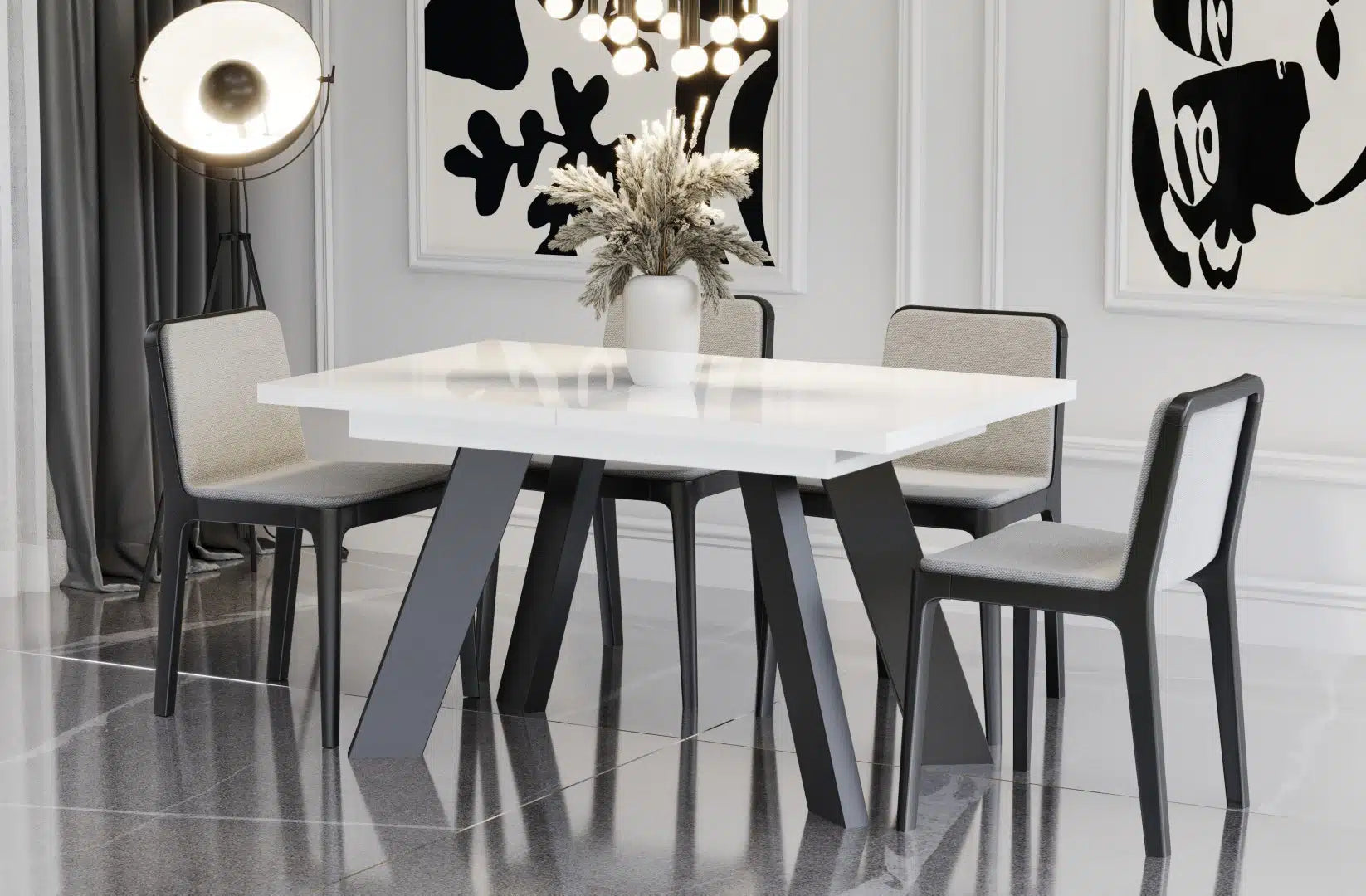 Der extravagante Holz Esstisch von Endo Möbel ist ausziehbar. Perfekt für gemütliche Abendessen mit Familie und Freunden