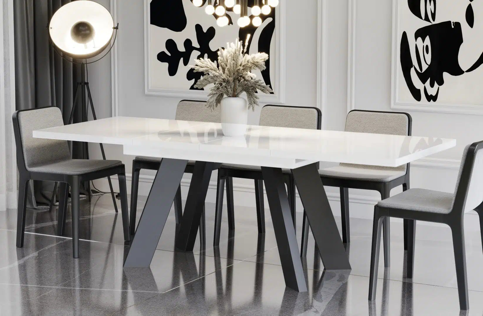 Der extravagante Holz Esstisch von Endo Möbel ist ausziehbar. Perfekt für gemütliche Abendessen mit Familie und Freunden