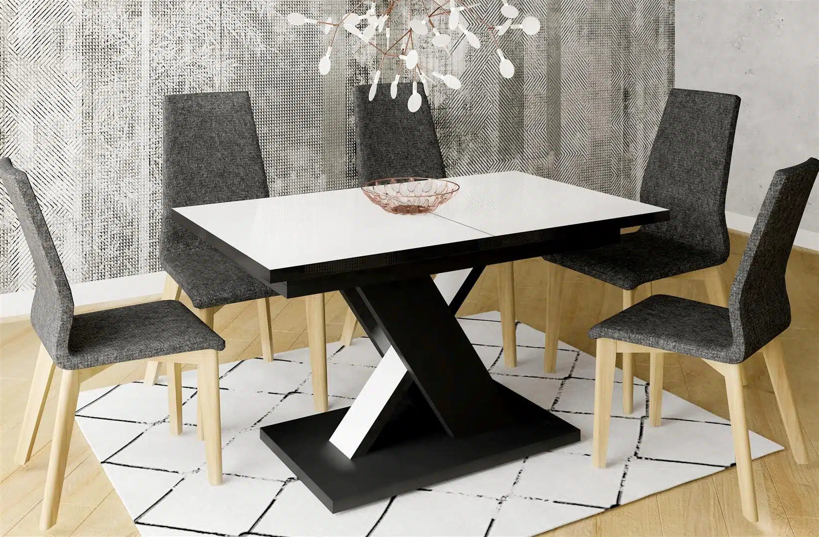 Der extravagante Holz Esstisch von Endo Möbel ist ausziehbar. Perfekt für gemütliche Abendessen mit Familie und Freunden