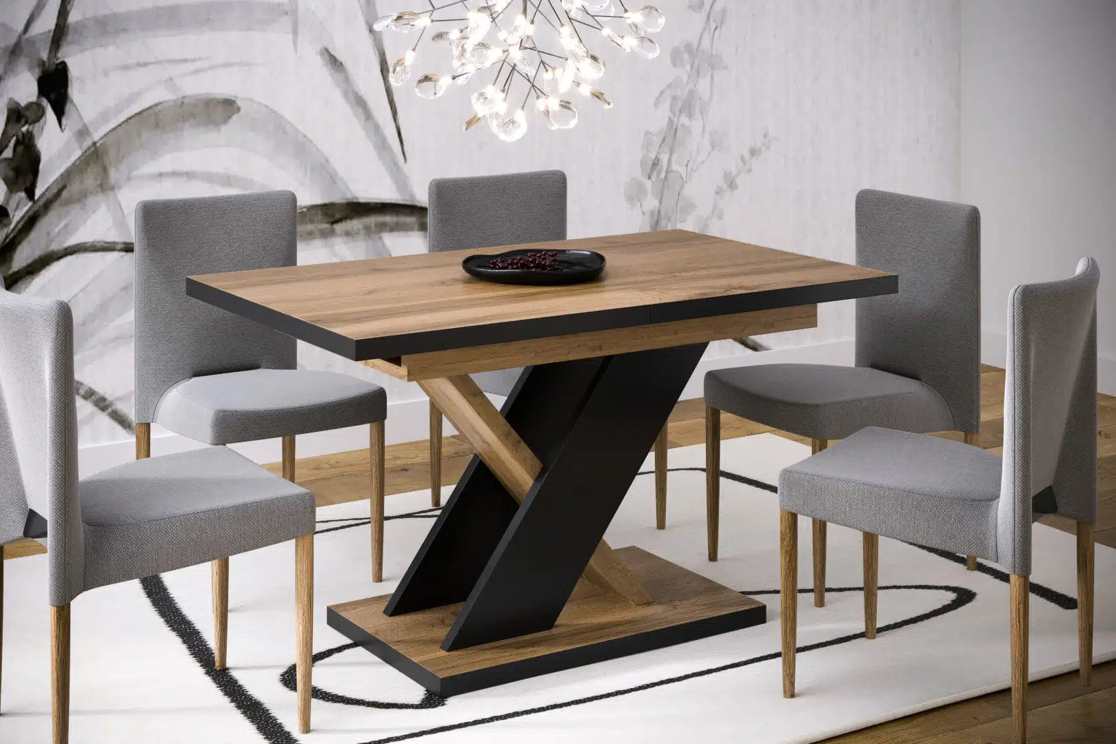 Der extravagante Holz Esstisch von Endo Möbel ist ausziehbar. Perfekt für gemütliche Abendessen mit Familie und Freunden