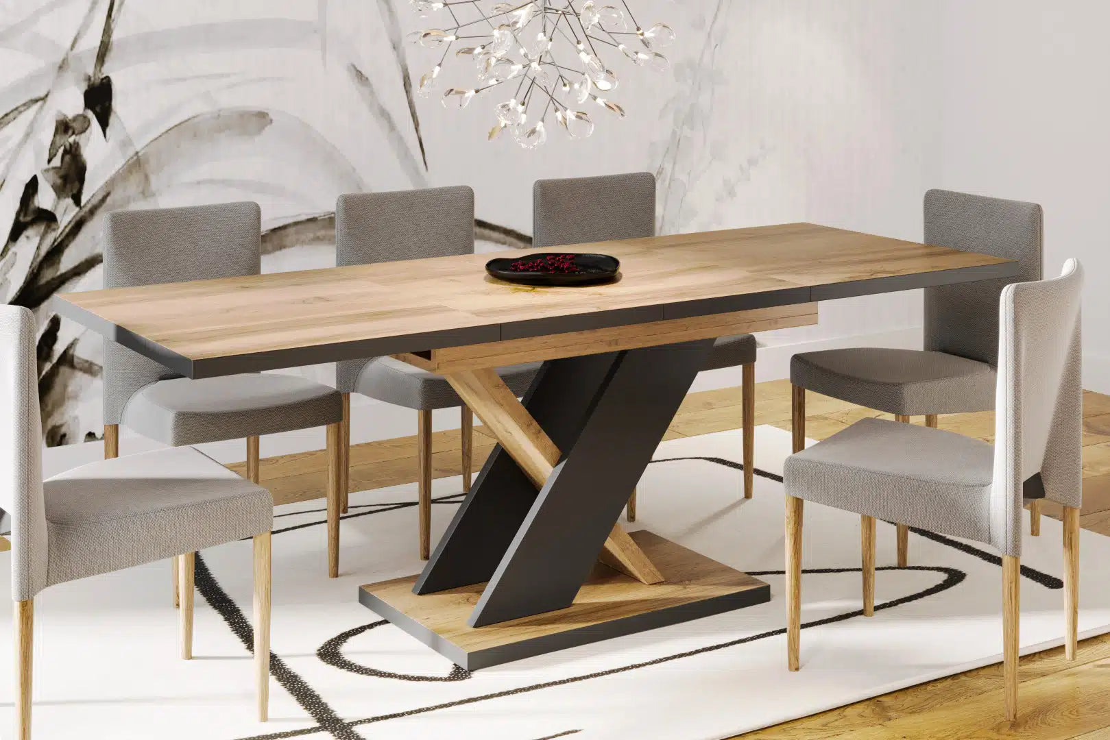 Der extravagante Holz Esstisch von Endo Möbel ist ausziehbar. Perfekt für gemütliche Abendessen mit Familie und Freunden