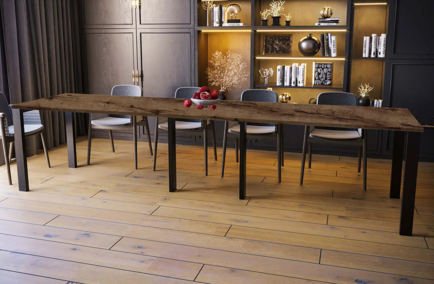 Der extravagante Holz Esstisch von Endo Möbel ist ausziehbar. Perfekt für gemütliche Abendessen mit Familie und Freunden