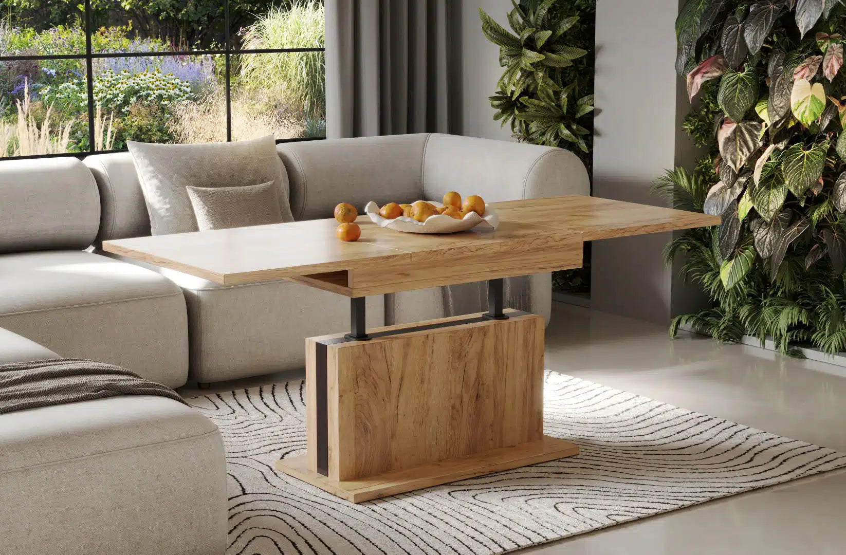 Der multifunktionalen Couch- und Esstisch Solaris von Endo Möbel - ein Möbelstück der Extraklasse! Mit seiner innovativen Auszieh- und Höhenverstellfunktion ist er perfekt für gesellige Abende mit Freunden und Familie geeignet und bietet gleichzeitig eine praktische Ablagefläche im Alltag.