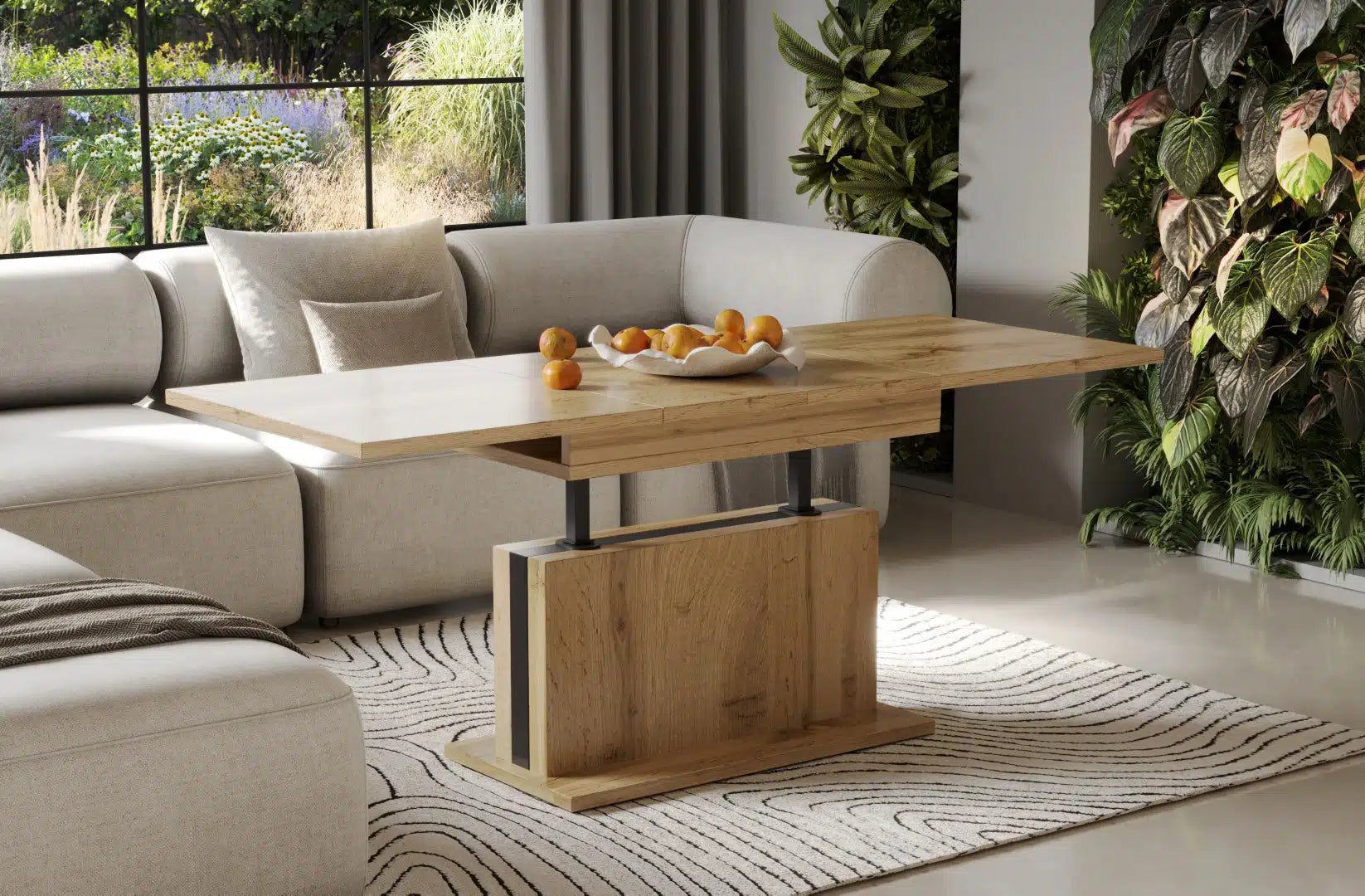 Der multifunktionalen Couch- und Esstisch Solaris von Endo Möbel - ein Möbelstück der Extraklasse! Mit seiner innovativen Auszieh- und Höhenverstellfunktion ist er perfekt für gesellige Abende mit Freunden und Familie geeignet und bietet gleichzeitig eine praktische Ablagefläche im Alltag.