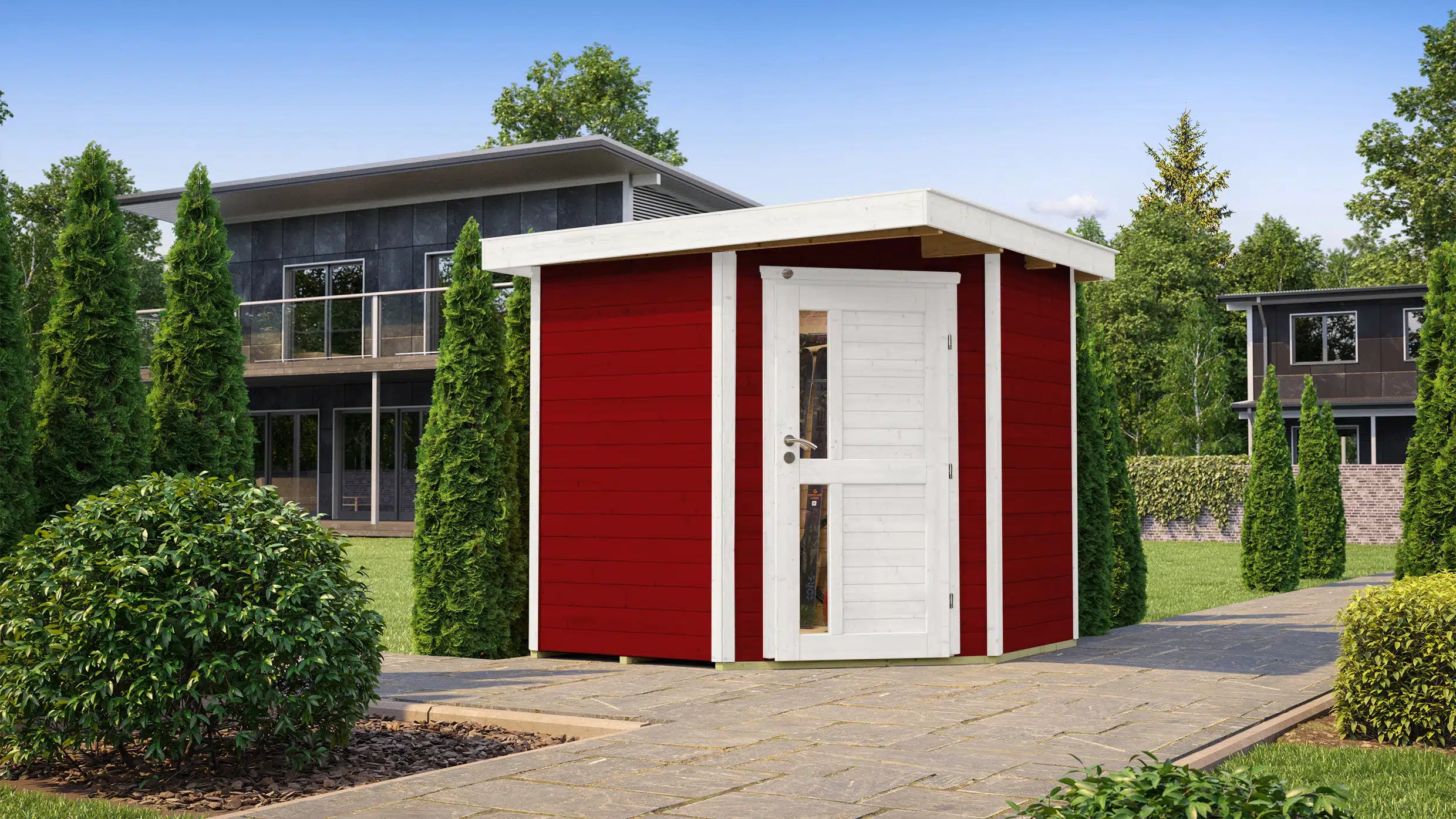 Weka Flachdach 5eck Gartenhaus aus Fichtenholz in weiß/rot - Nutzen Sie den Garten als Lager oder als Wohnerweiterung