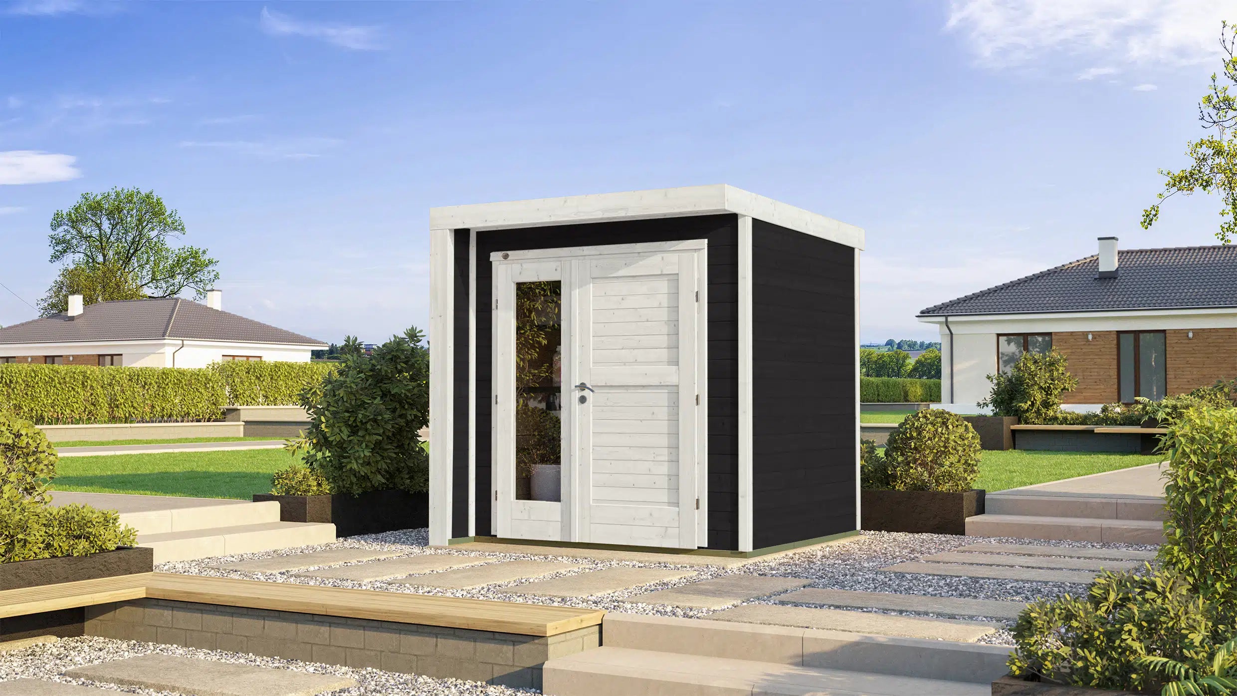 Weka Flachdach Gartenhütte aus Fichtenholz weiß/anthrazit - Gartenhaus zum verstauen oder als Wohnraumerweiterung nutzen