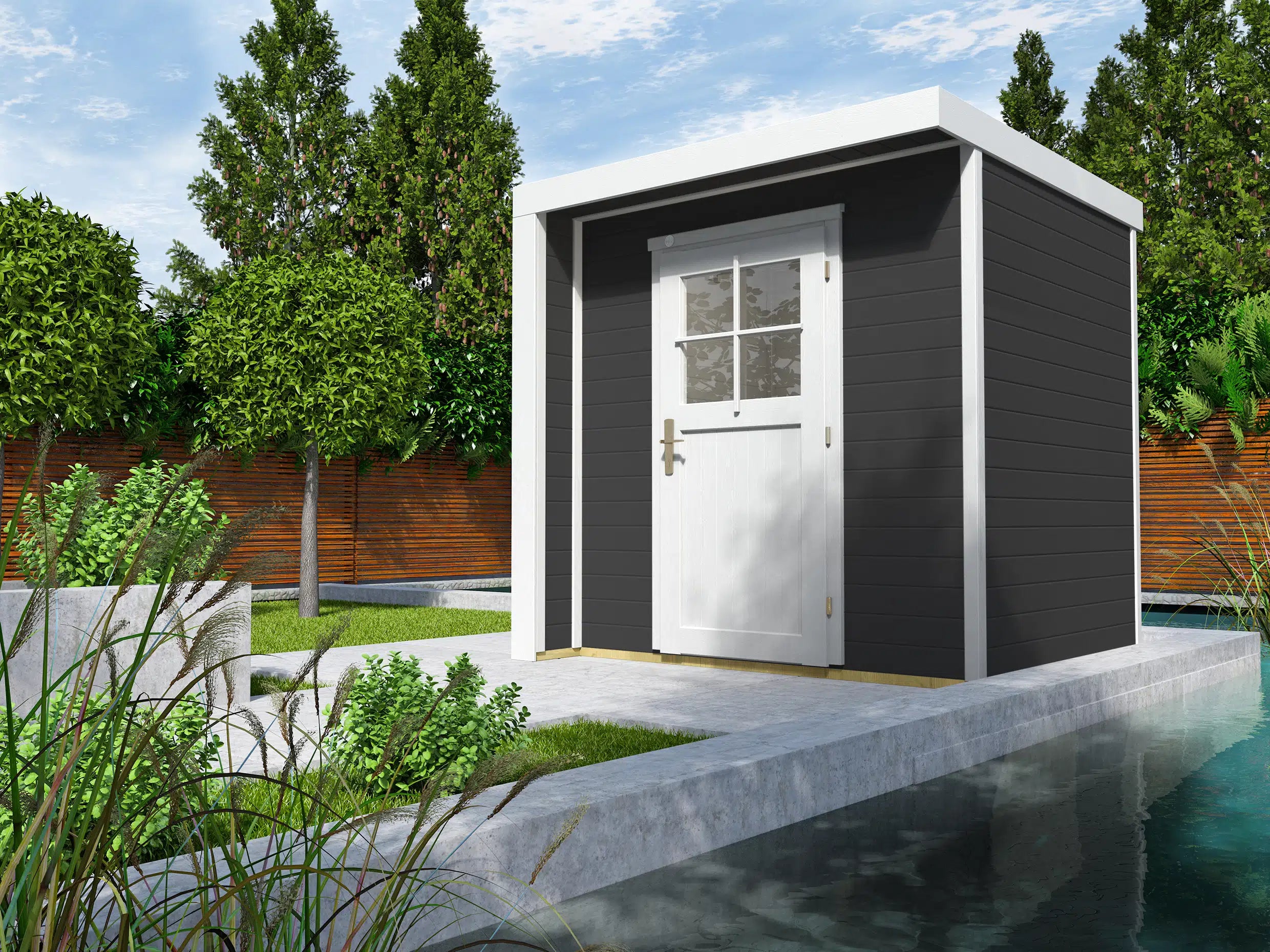 Weka Flachldach Design Gartenhaus mit Einzeltür in weiß/anthrazit - verstauen sie ihr Gartenwerkzeug