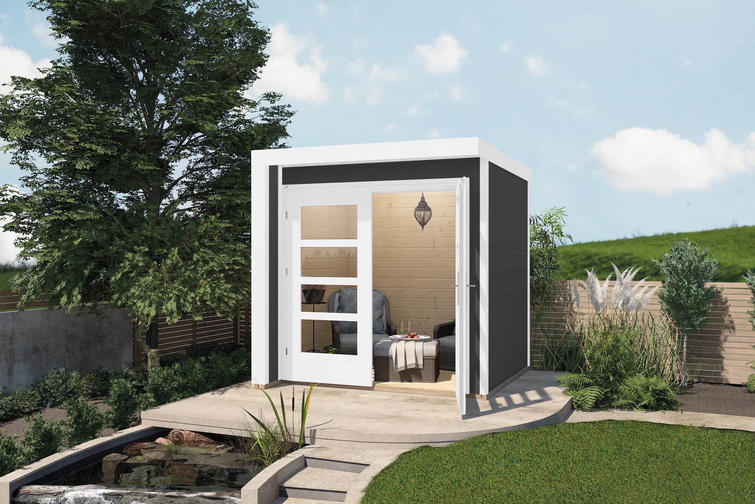 Weka Flachldach Design Gartenhaus mit Doppeltür in weiß/anthrazit - verstauen sie ihr Gartenwerkzeug