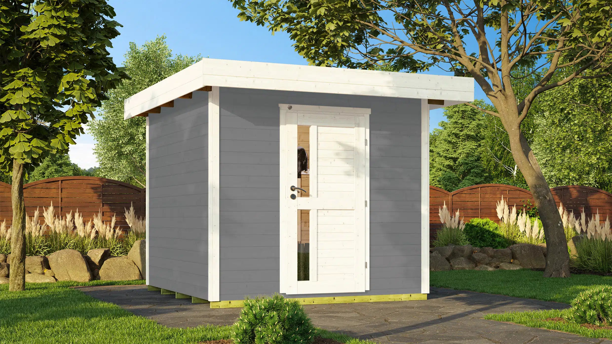 Weka Flachdach Designhaus aus Fichtenholz in weiß/grau - Gartenhaus zum verstauen oder als Wohnraumerweiterung nutzen