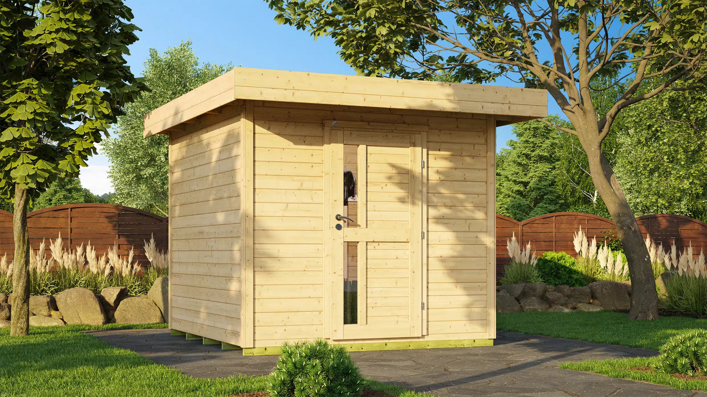 Weka Flachdach Designhaus aus Fichtenholz naturbelassen - Gartenhaus zum verstauen oder als Wohnraumerweiterung nutzen