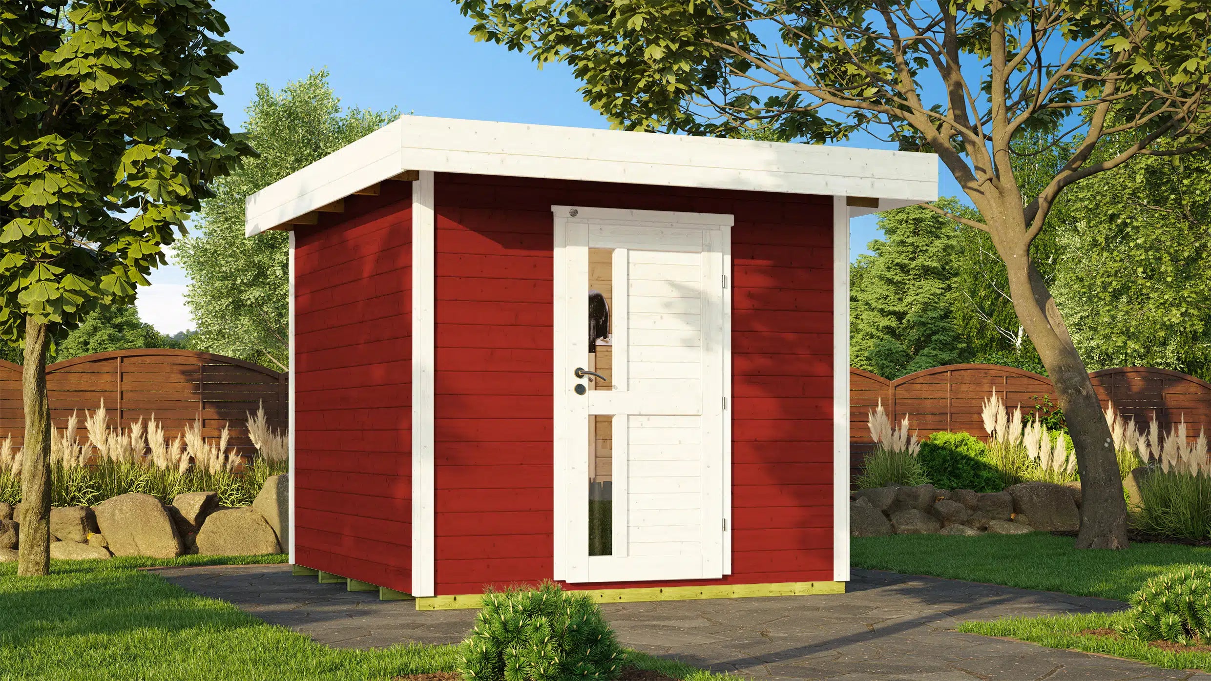 Weka Flachdach Designhaus aus Fichtenholz in weiß/rot - Gartenhaus zum verstauen oder als Wohnraumerweiterung nutzen