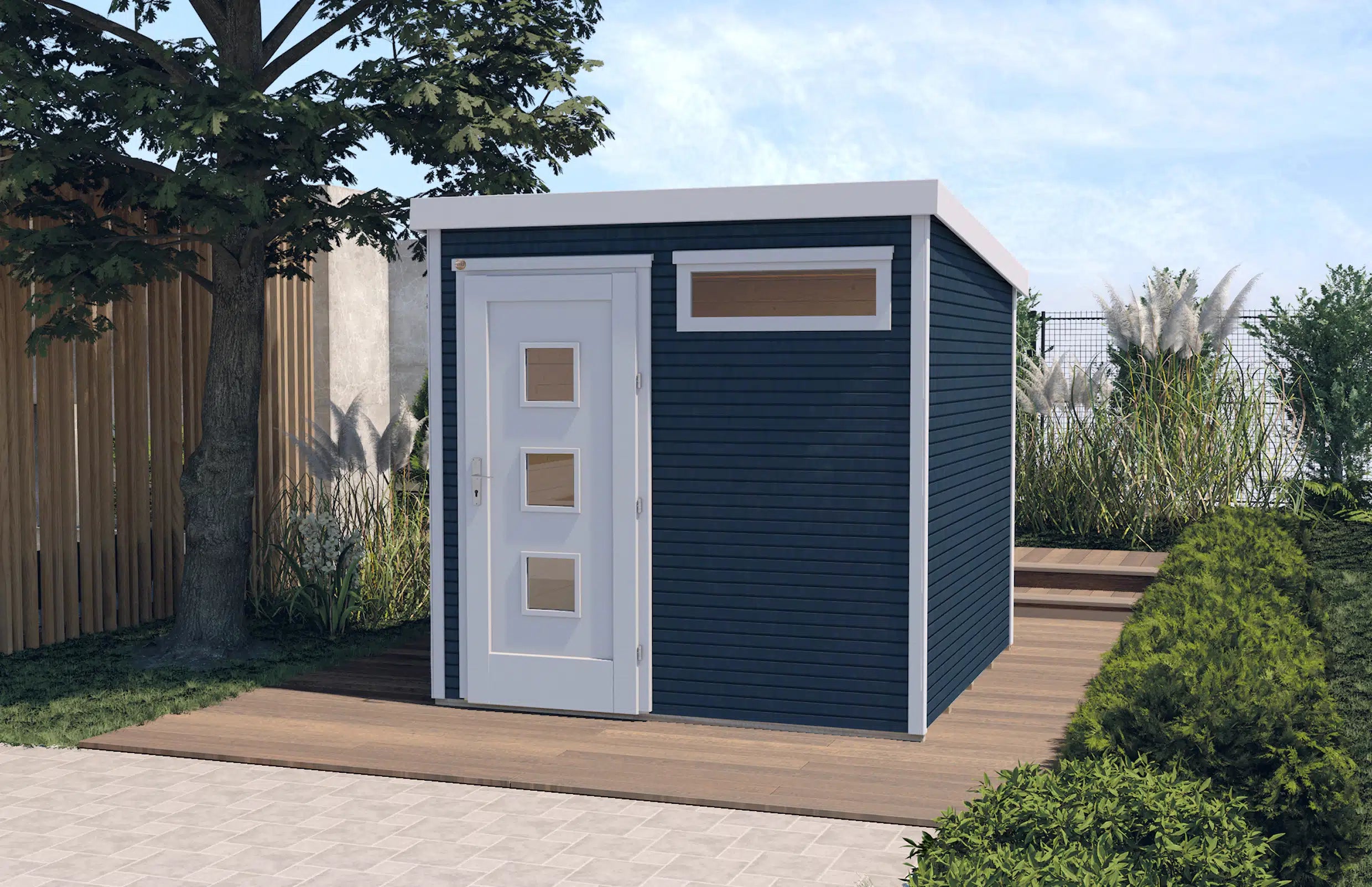 Weka Pultdachdach Designhaus aus Fichtenholz in weiß/anthrazit - Gartenhaus zum verstauen oder als Wohnraumerweiterung nutzen
