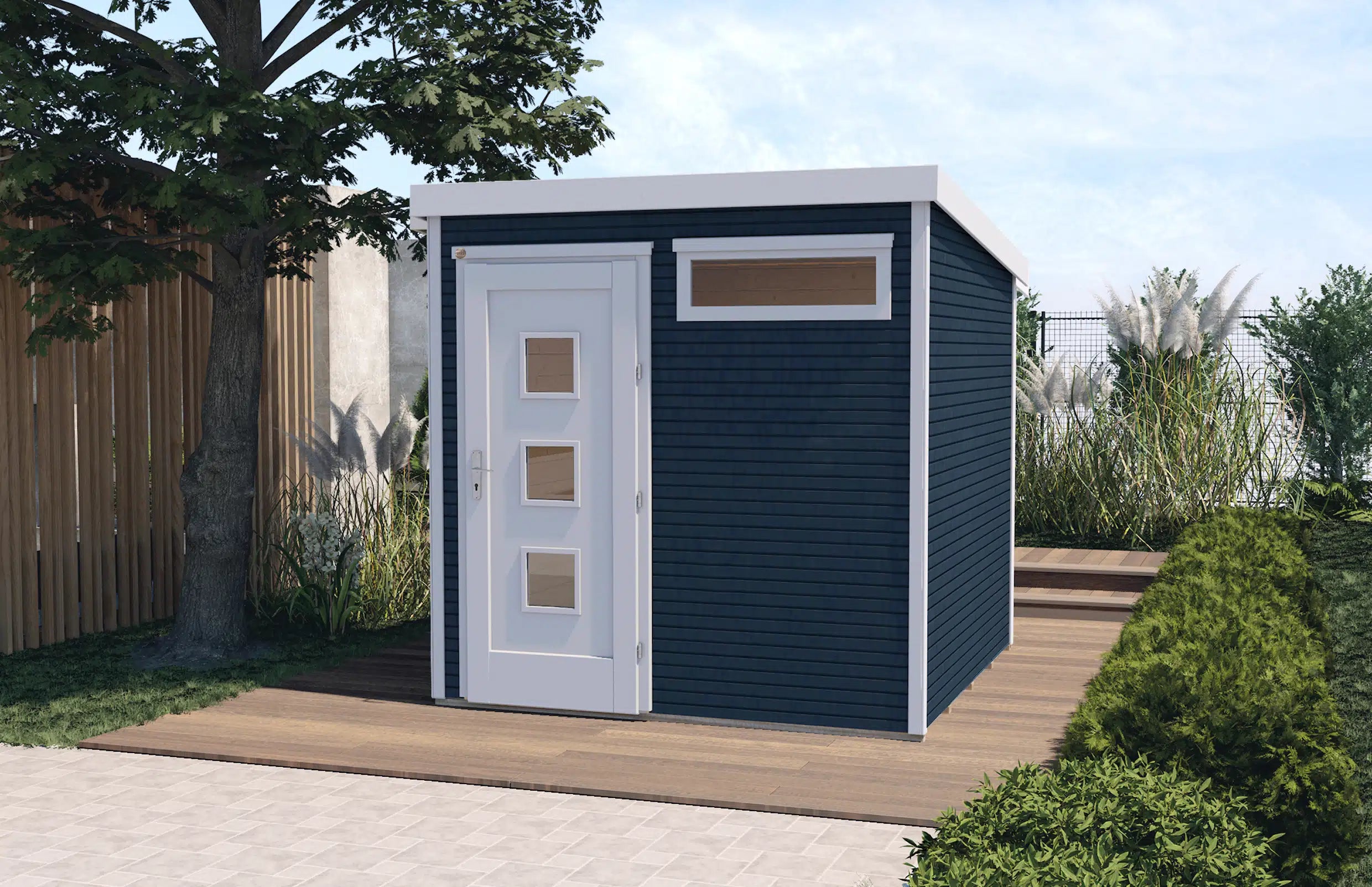 Weka Pultdachdach Designhaus aus Fichtenholz in weiß/anthrazit - Gartenhaus zum verstauen oder als Wohnraumerweiterung nutzen