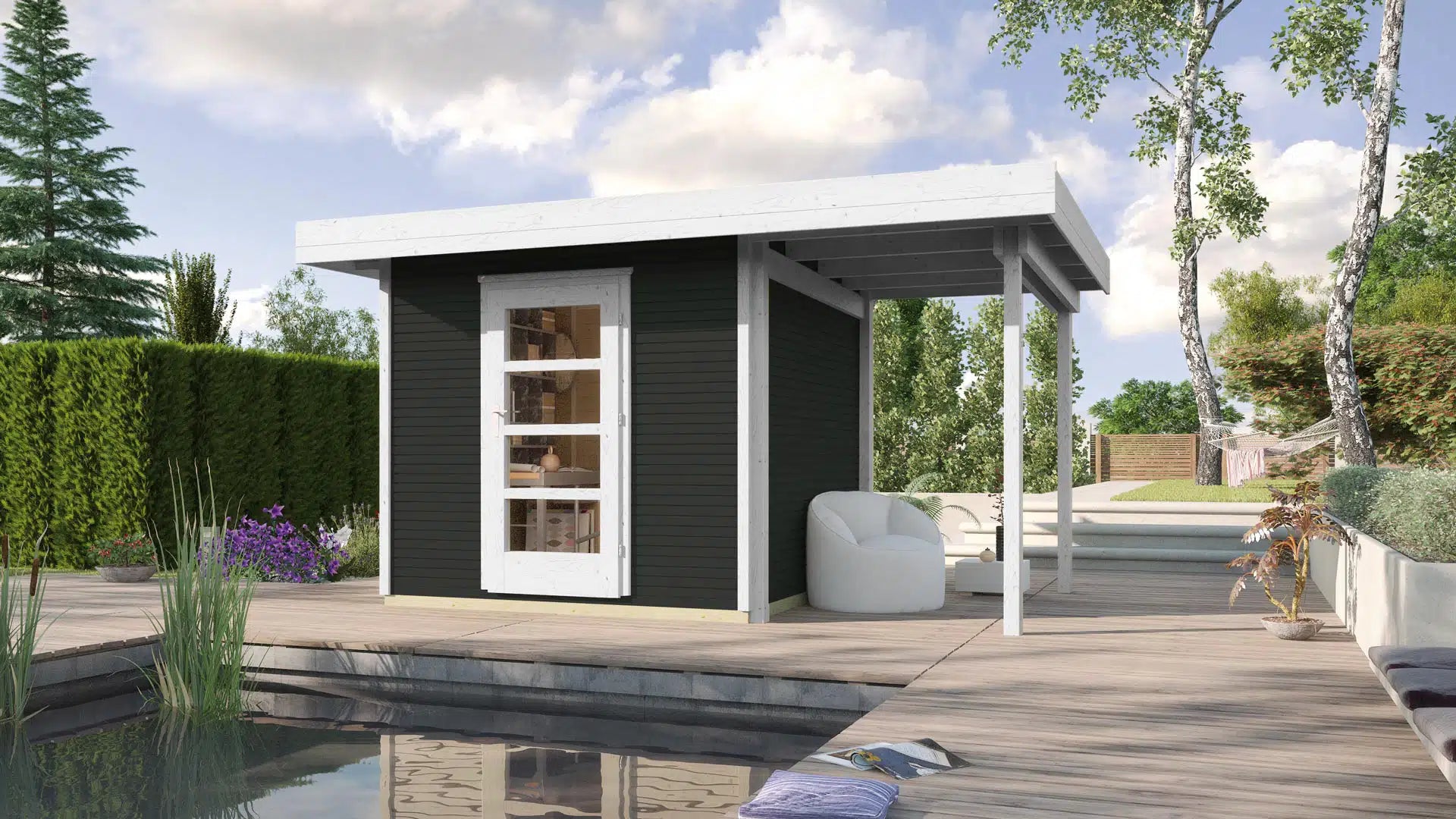 Weka Flachdach Designhaus mit Veranda aus Fichtenholz in weiß/anthrazit - Gartenhaus zum verstauen oder als Wohnraumerweiterung nutzen
