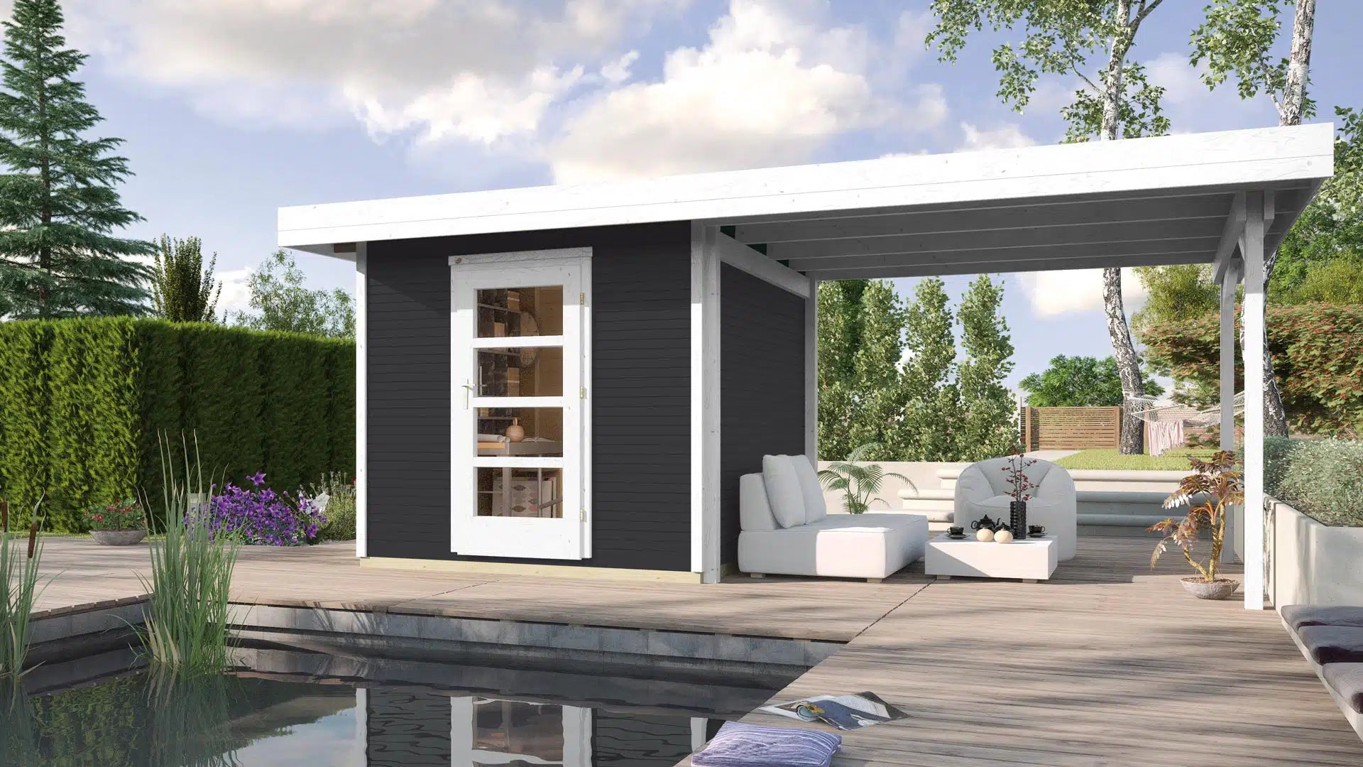 Weka Flachdach Designhaus mit Veranda aus Fichtenholz in weiß/anthrazit - Gartenhaus zum verstauen oder als Wohnraumerweiterung nutzen
