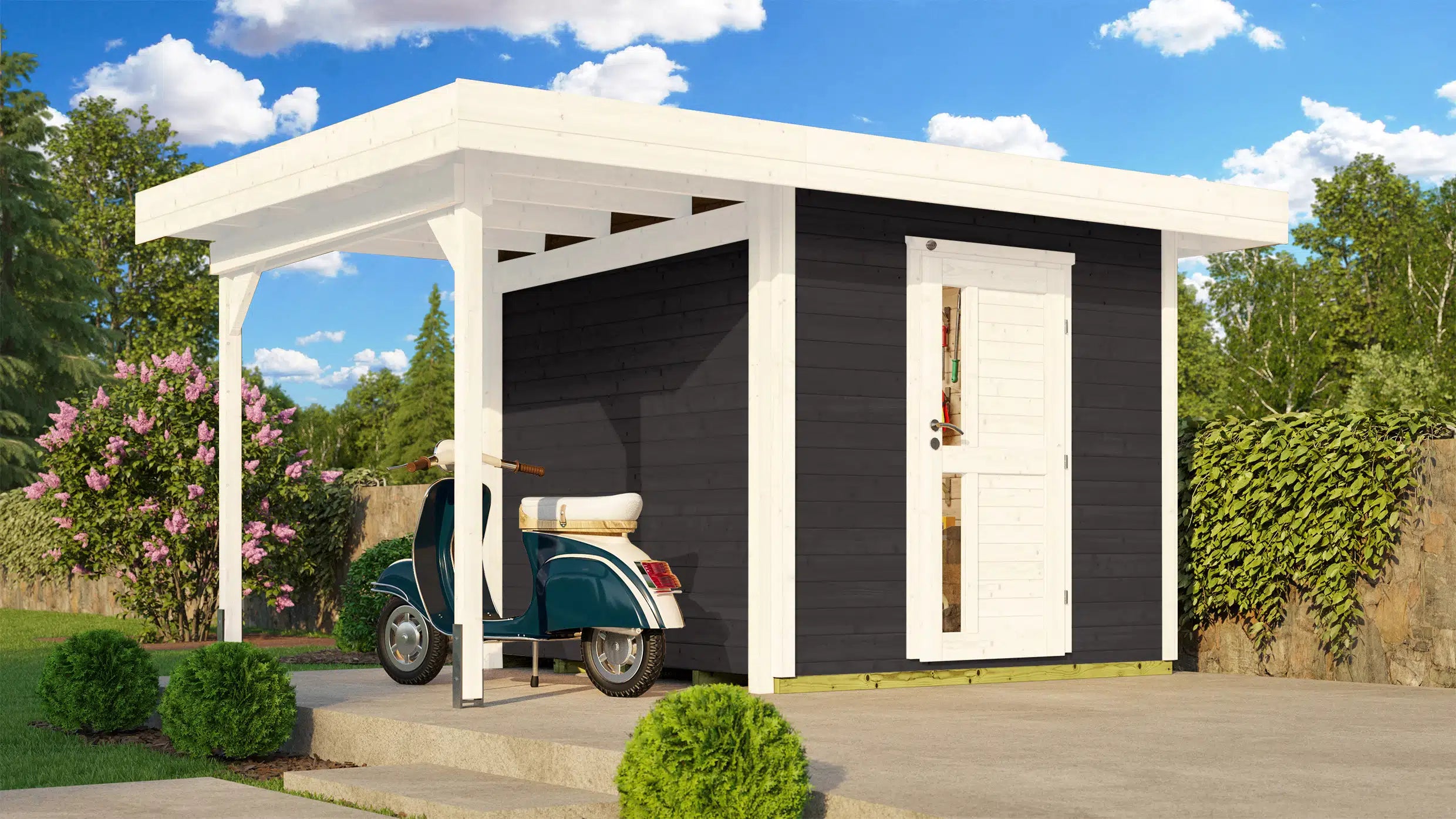 Weka Flachdach Designhaus mit Veranda aus Fichtenholz in weiß/anthrazit - Gartenhaus zum verstauen oder als Wohnraumerweiterung nutzen
