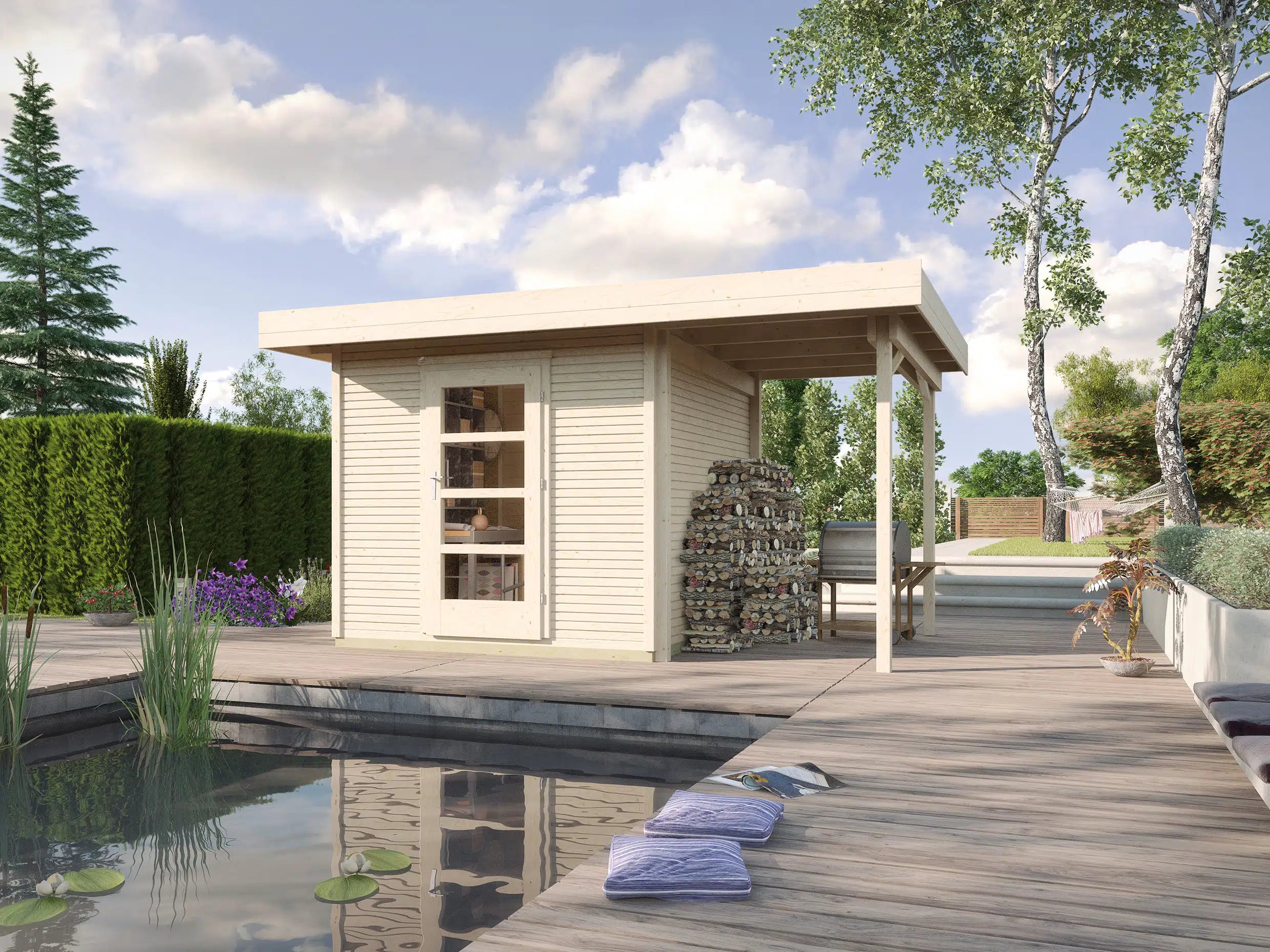 Weka Flachdach Designhaus mit Veranda aus Fichtenholz naturbelassen - Gartenhaus zum verstauen oder als Wohnraumerweiterung nutzen