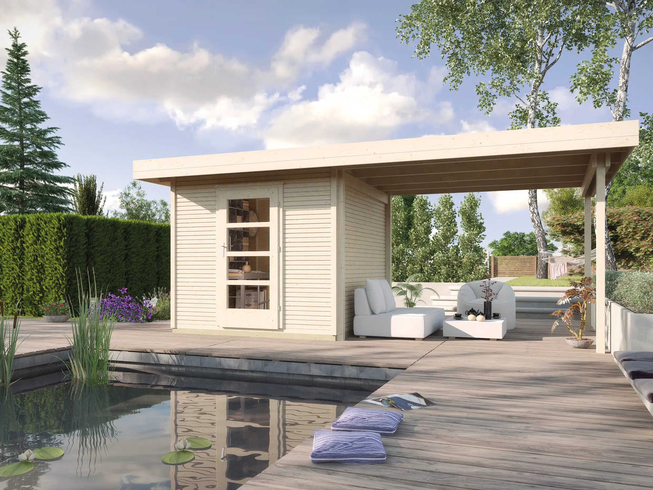 Weka Flachdach Designhaus mit Veranda aus Fichtenholz naturbelassen - Gartenhaus zum verstauen oder als Wohnraumerweiterung nutzen