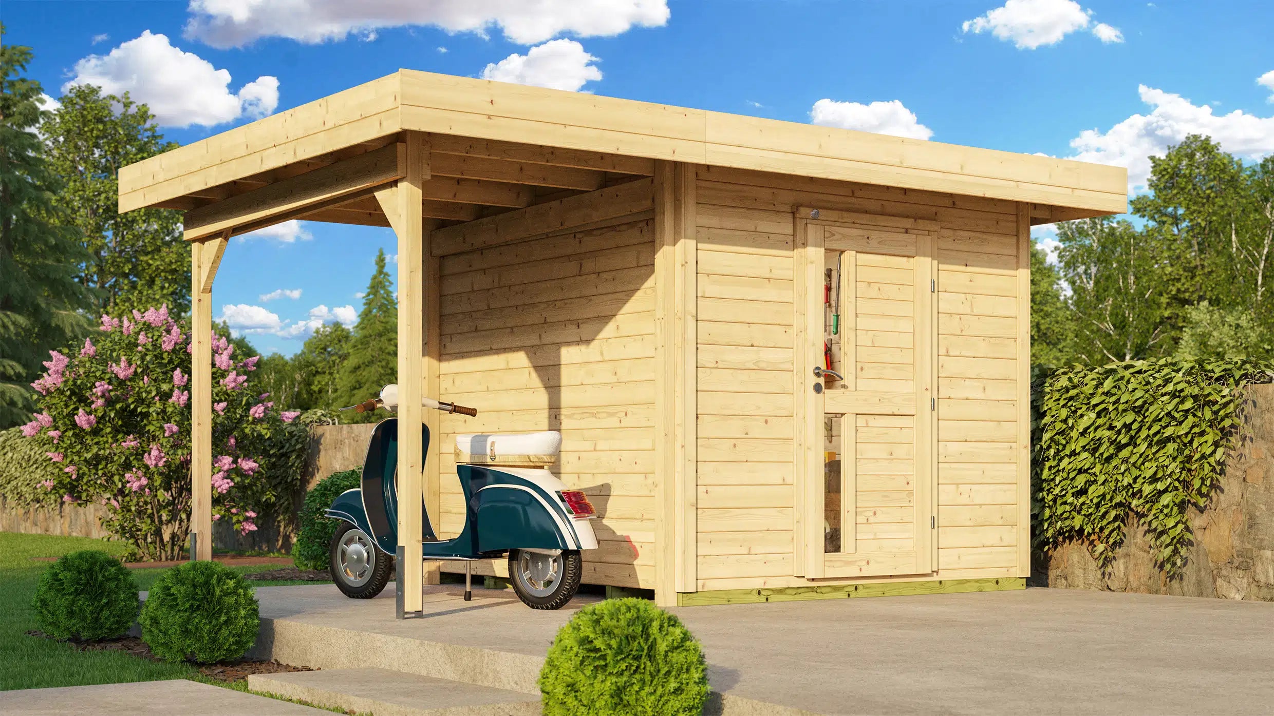Weka Flachdach Designhaus mit Veranda aus Fichtenholz naturbelassen - Gartenhaus zum verstauen oder als Wohnraumerweiterung nutzen