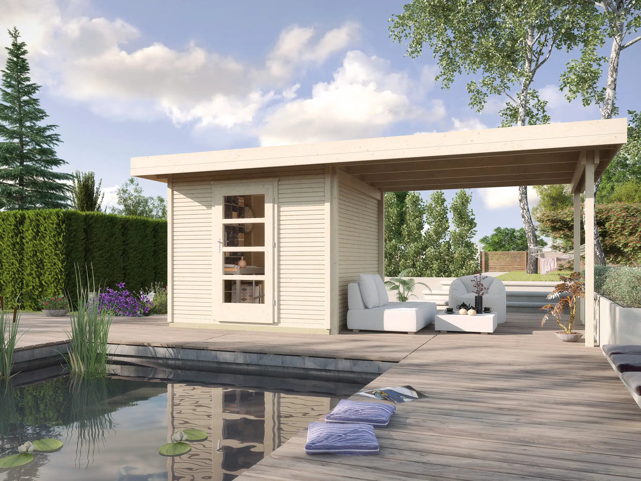 Weka Flachdach Designhaus mit Veranda aus Fichtenholz naturbelassen - Gartenhaus zum verstauen oder als Wohnraumerweiterung nutzen
