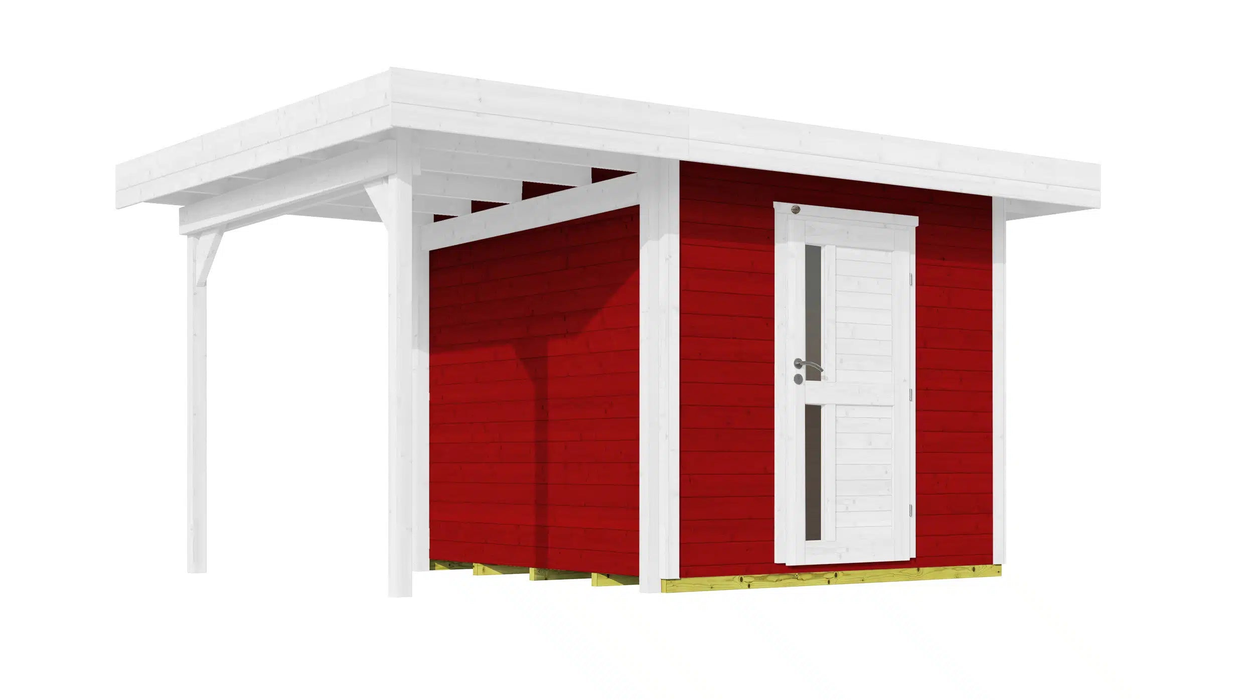 Weka Flachdach Designhaus mit Veranda aus Fichtenholz in weiß/rot - Gartenhaus zum verstauen oder als Wohnraumerweiterung nutzen