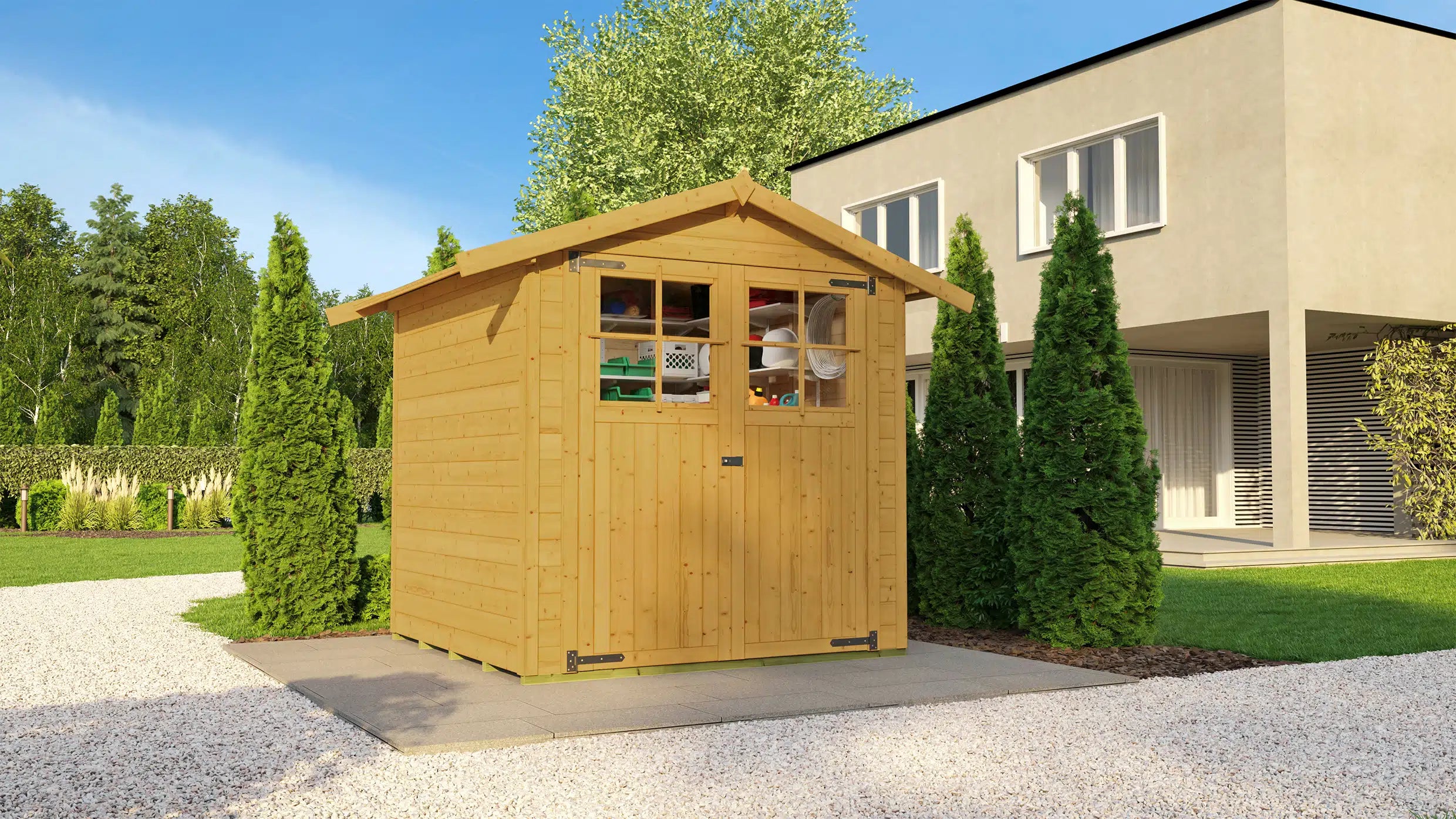 Weka Satteldach Gartenhaus aus Fichtenholz lasiert - verstauen sie ihr Gartenwerkzeug