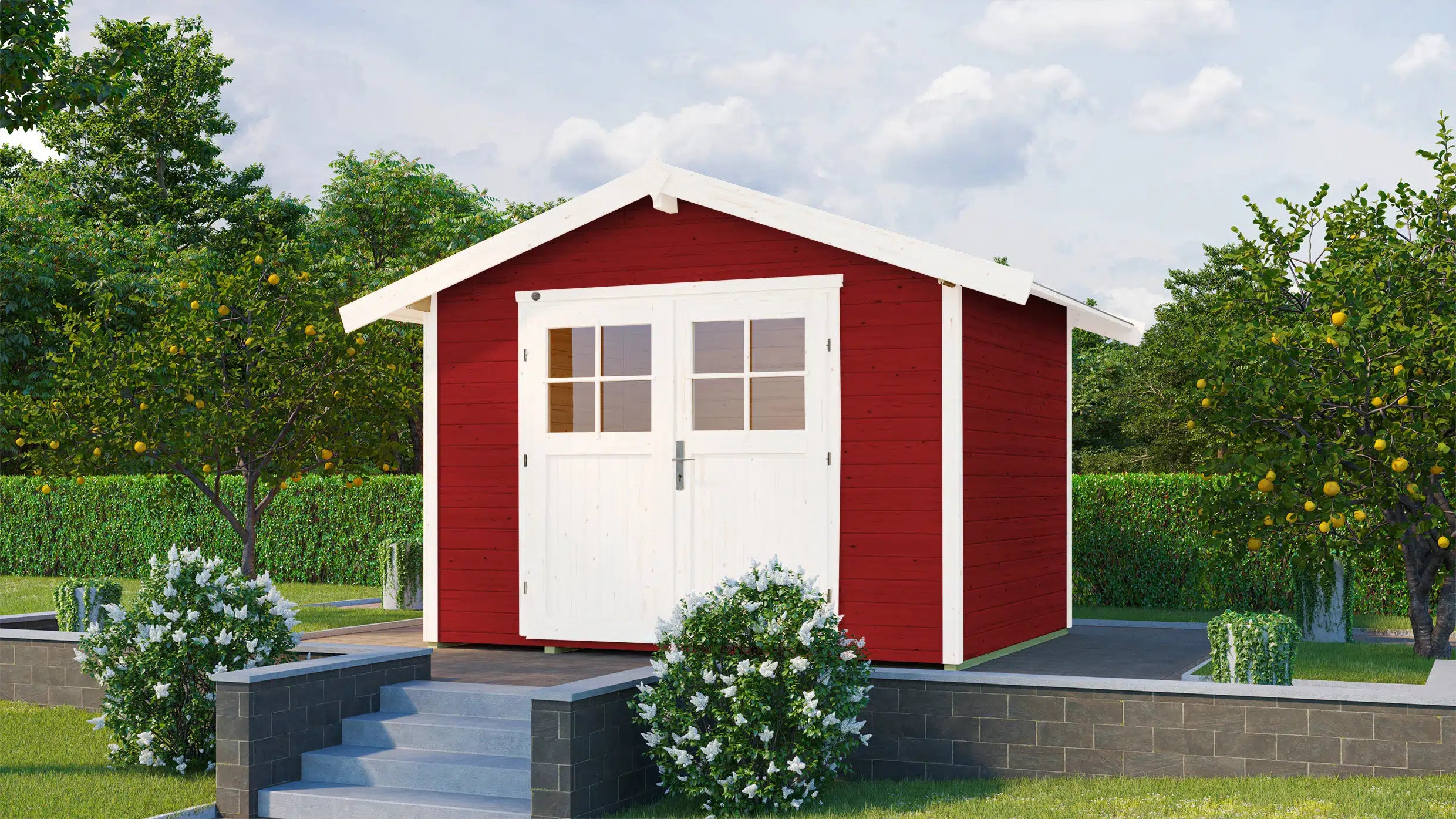 Weka Satteldach Holzhaus aus Fichtenholz in weiß/rot - Gartenhaus zum verstauen oder als Wohnraumerweiterung nutzen