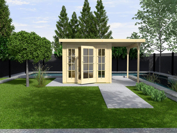 Weka Flachdach Gartenhaus mit Veranda aus Fichtenholz naturbelassen - zum verstauen oder als Wohnraumerweiterung nutzen