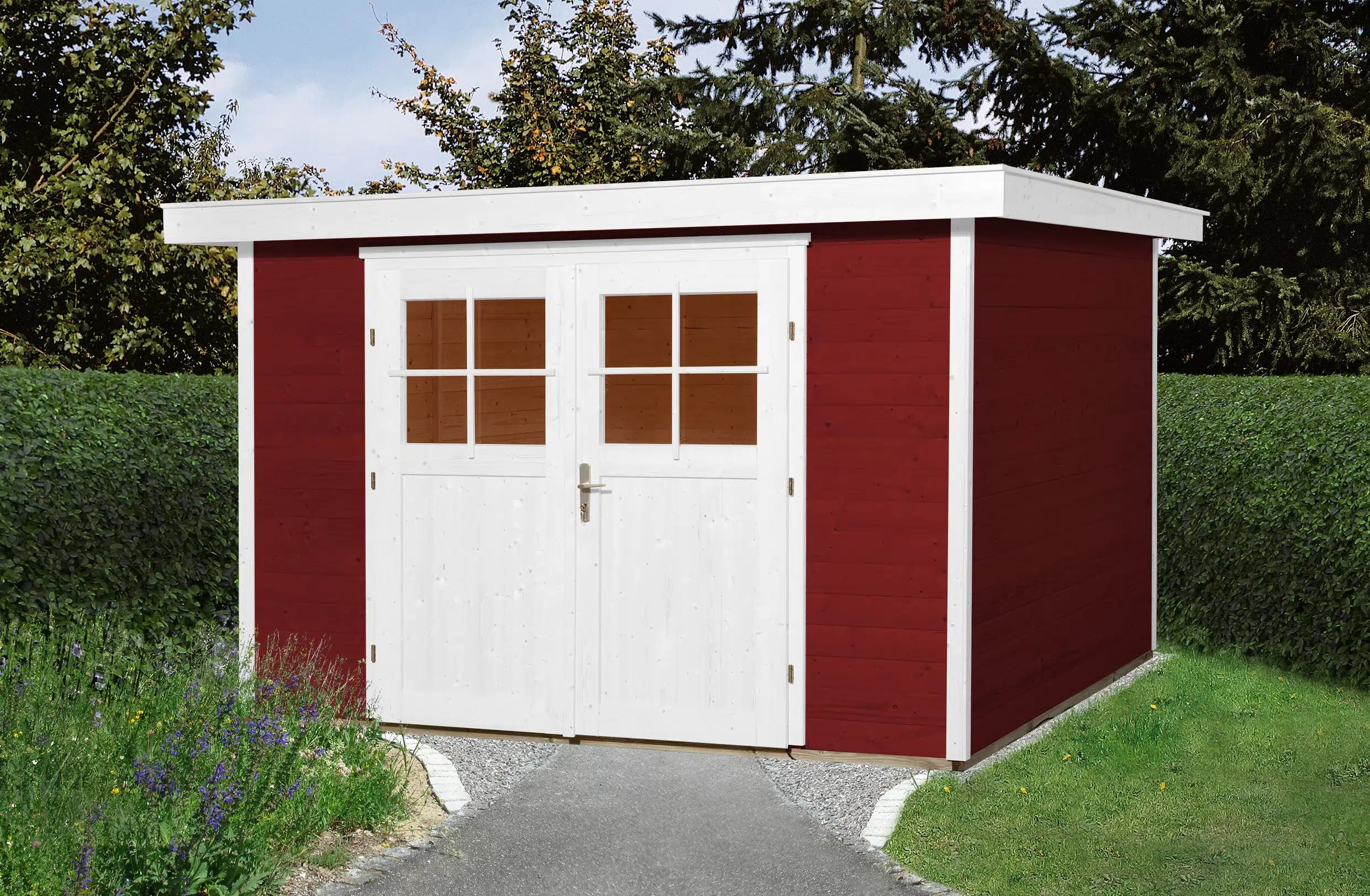 Weka Flachdach Holzschuppen aus Fichte weiß/rot - Nutzen Sie den Garten als Lager oder als Wohlfühl-Oase