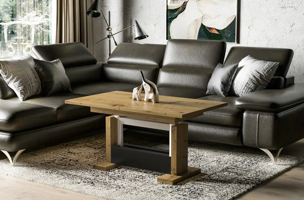 Der multifunktionale Couch- und Esstisch Kella von Endo Möbel - ein Möbelstück der Extraklasse! Mit seiner innovativen Auszieh- und Höhenverstellfunktion ist er perfekt für gesellige Abende mit Freunden und Familie geeignet und bietet gleichzeitig eine praktische Ablagefläche im Alltag.